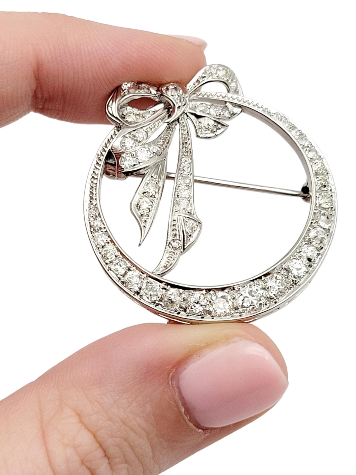 Round Diamond Open Circle Brooch with Bow Detail in Polished Platinum 5
