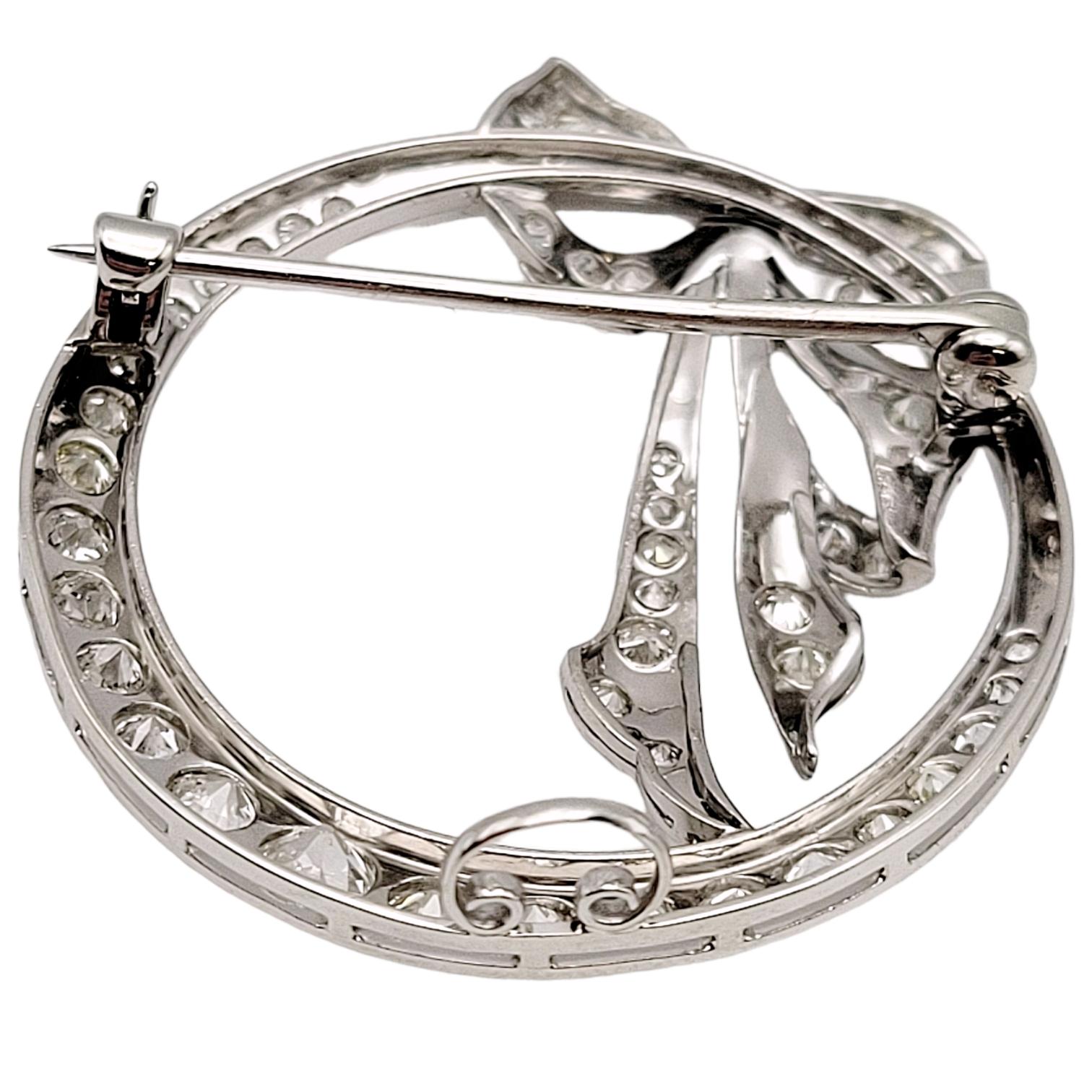 Round Diamond Open Circle Brooch with Bow Detail in Polished Platinum 2