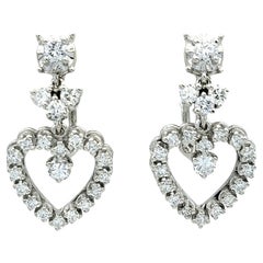 Round Diamond Open Heart Design Dangle Earrings Set in 14 Karat White Gold