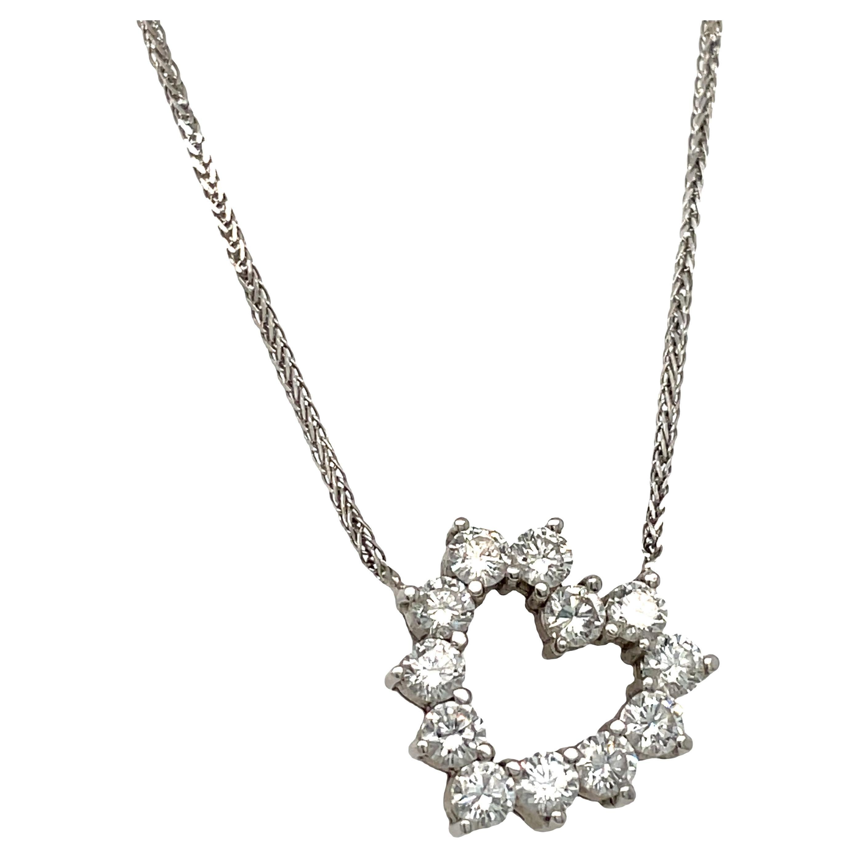 Round Diamond Open Heart Style Necklace Pendant 14k White Gold