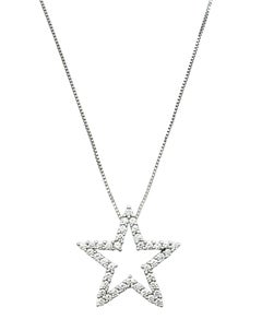 Round Diamond Open Star Pendant Necklace with Box Chain in 14 Karat White Gold
