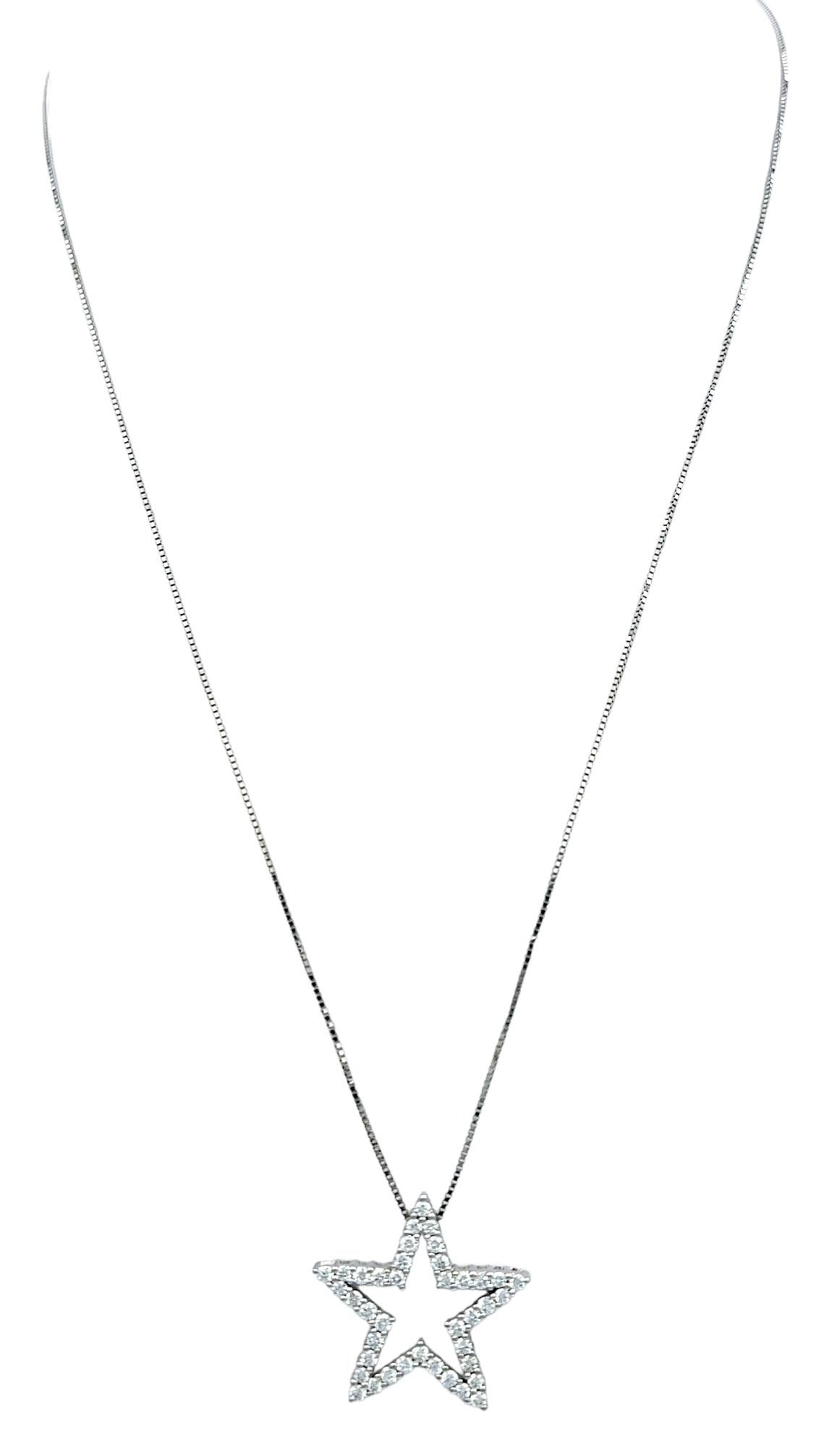 Contemporary Round Diamond Open Star Pendant Necklace with Box Chain in 14 Karat White Gold For Sale