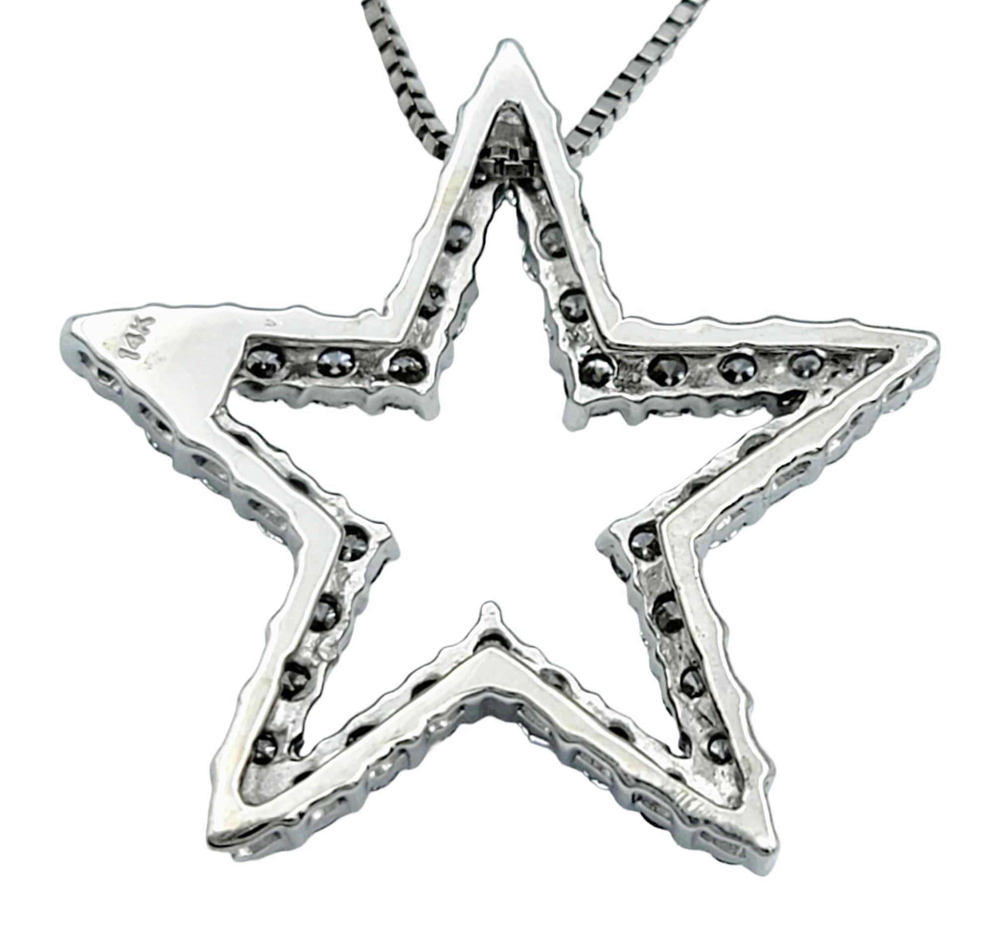 Women's Round Diamond Open Star Pendant Necklace with Box Chain in 14 Karat White Gold For Sale