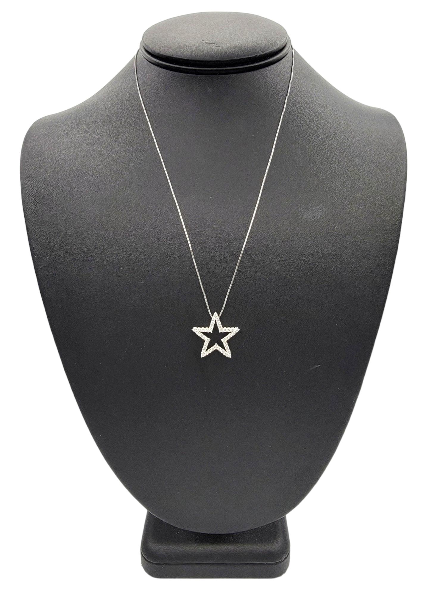 Round Diamond Open Star Pendant Necklace with Box Chain in 14 Karat White Gold For Sale 1