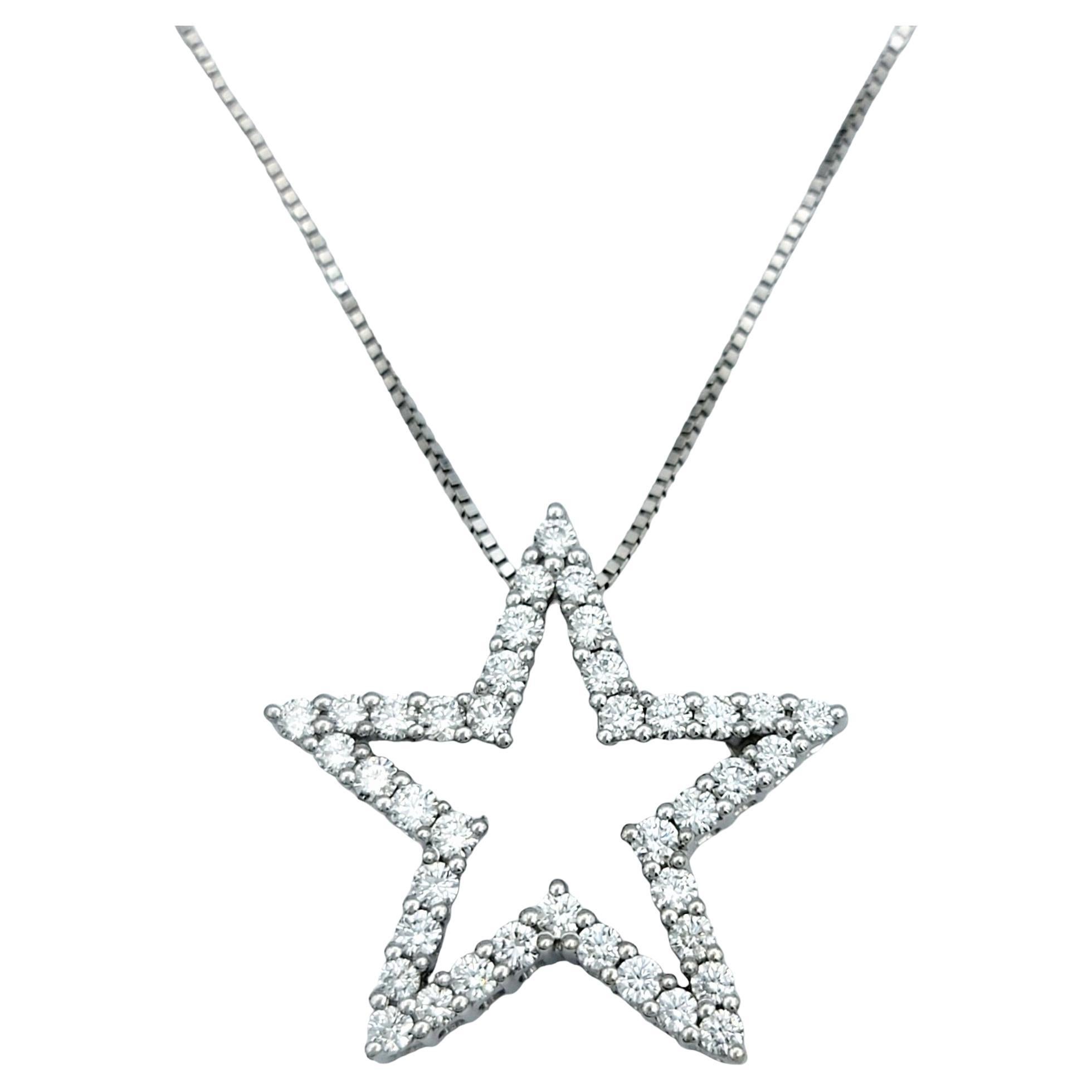 Round Diamond Open Star Pendant Necklace with Box Chain in 14 Karat White Gold For Sale