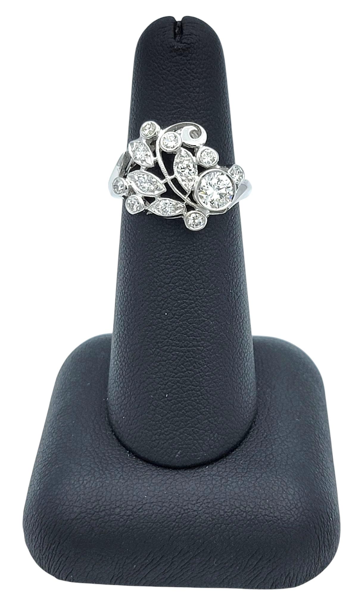 Round Diamond Open Swirl Motif Cocktail Ring with Milgrain 14 Karat White Gold For Sale 4
