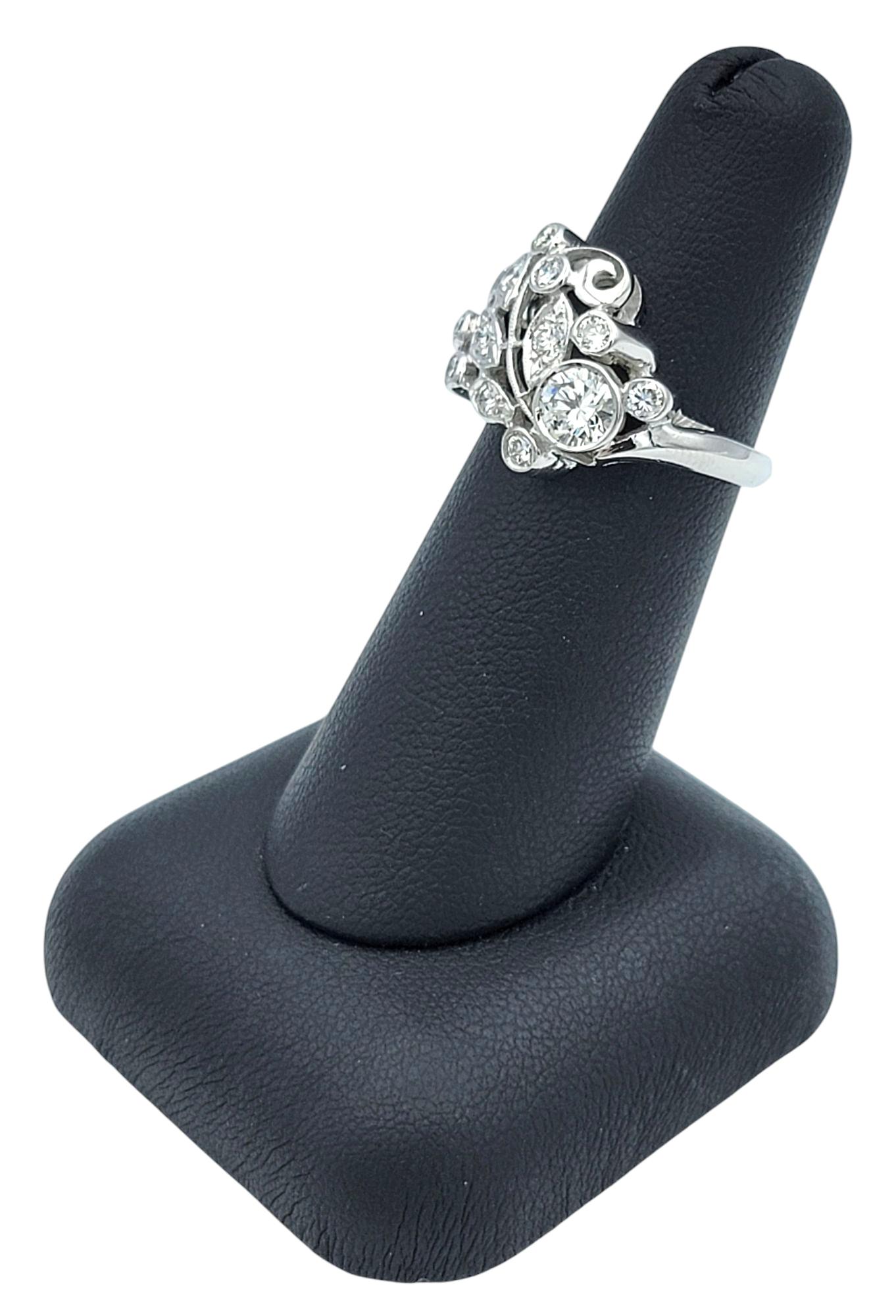Round Diamond Open Swirl Motif Cocktail Ring with Milgrain 14 Karat White Gold For Sale 5