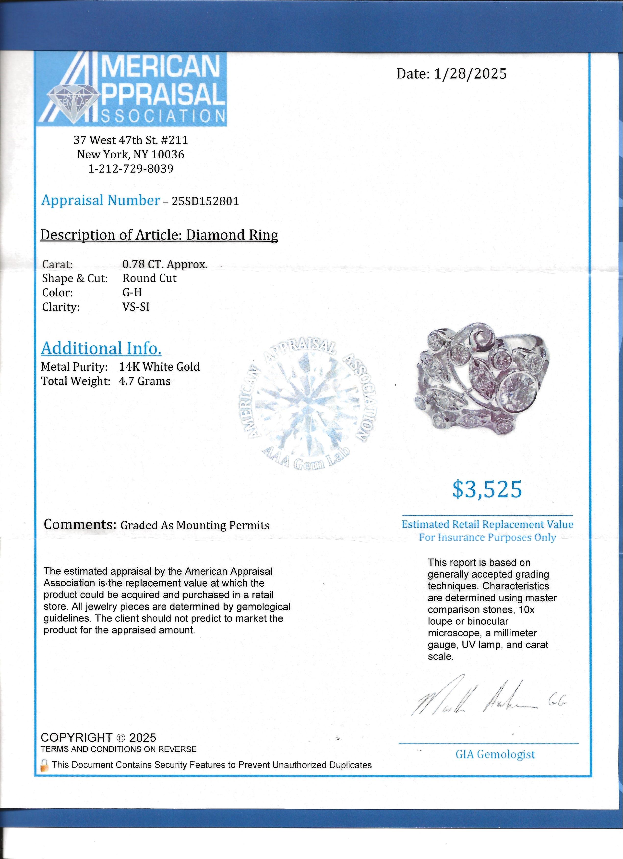 Round Diamond Open Swirl Motif Cocktail Ring with Milgrain 14 Karat White Gold For Sale 6