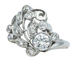 Round Diamond Open Swirl Motif Cocktail Ring with Milgrain 14 Karat White Gold