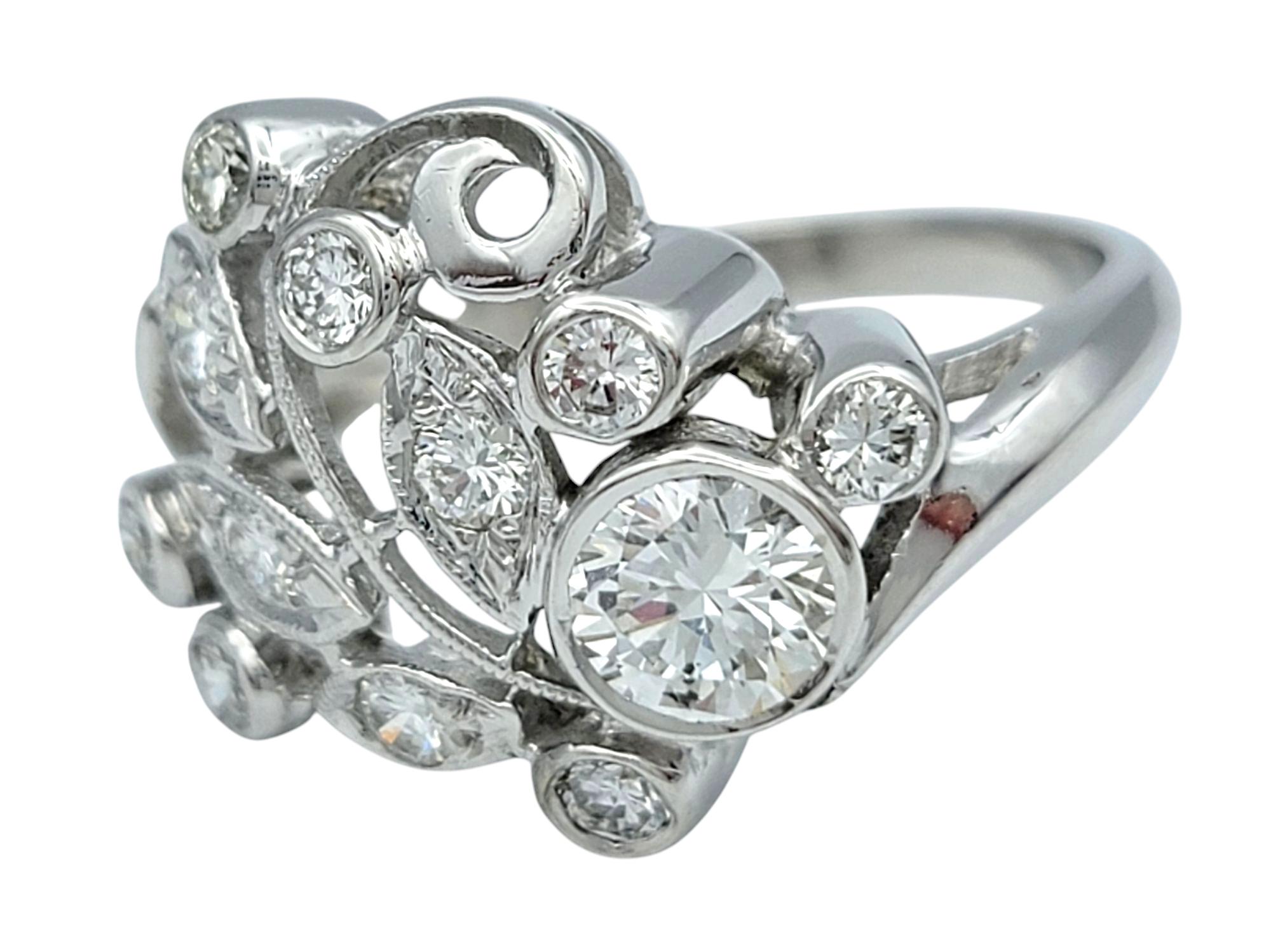 Contemporary Round Diamond Open Swirl Motif Cocktail Ring with Milgrain 14 Karat White Gold For Sale