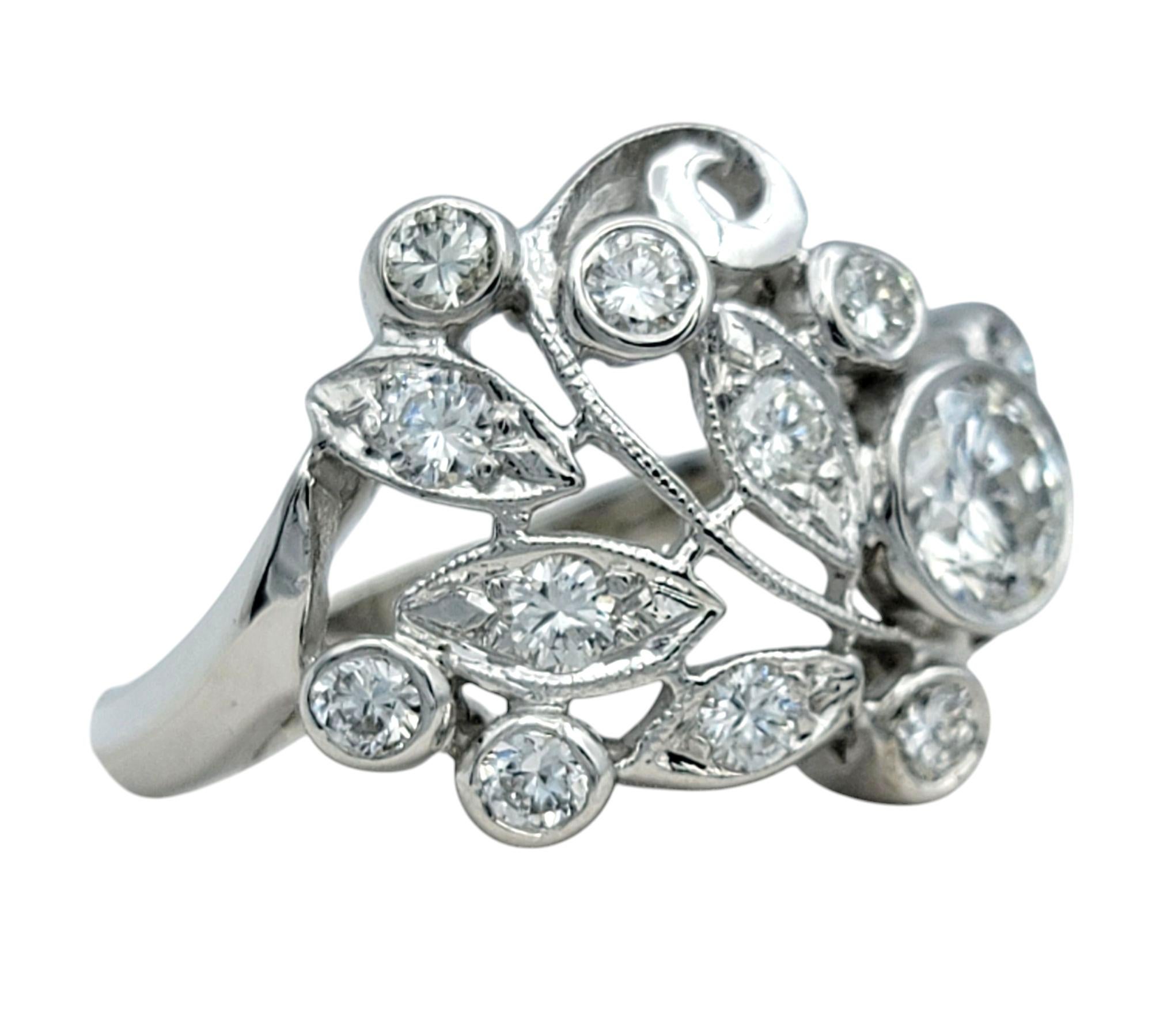 Round Cut Round Diamond Open Swirl Motif Cocktail Ring with Milgrain 14 Karat White Gold For Sale