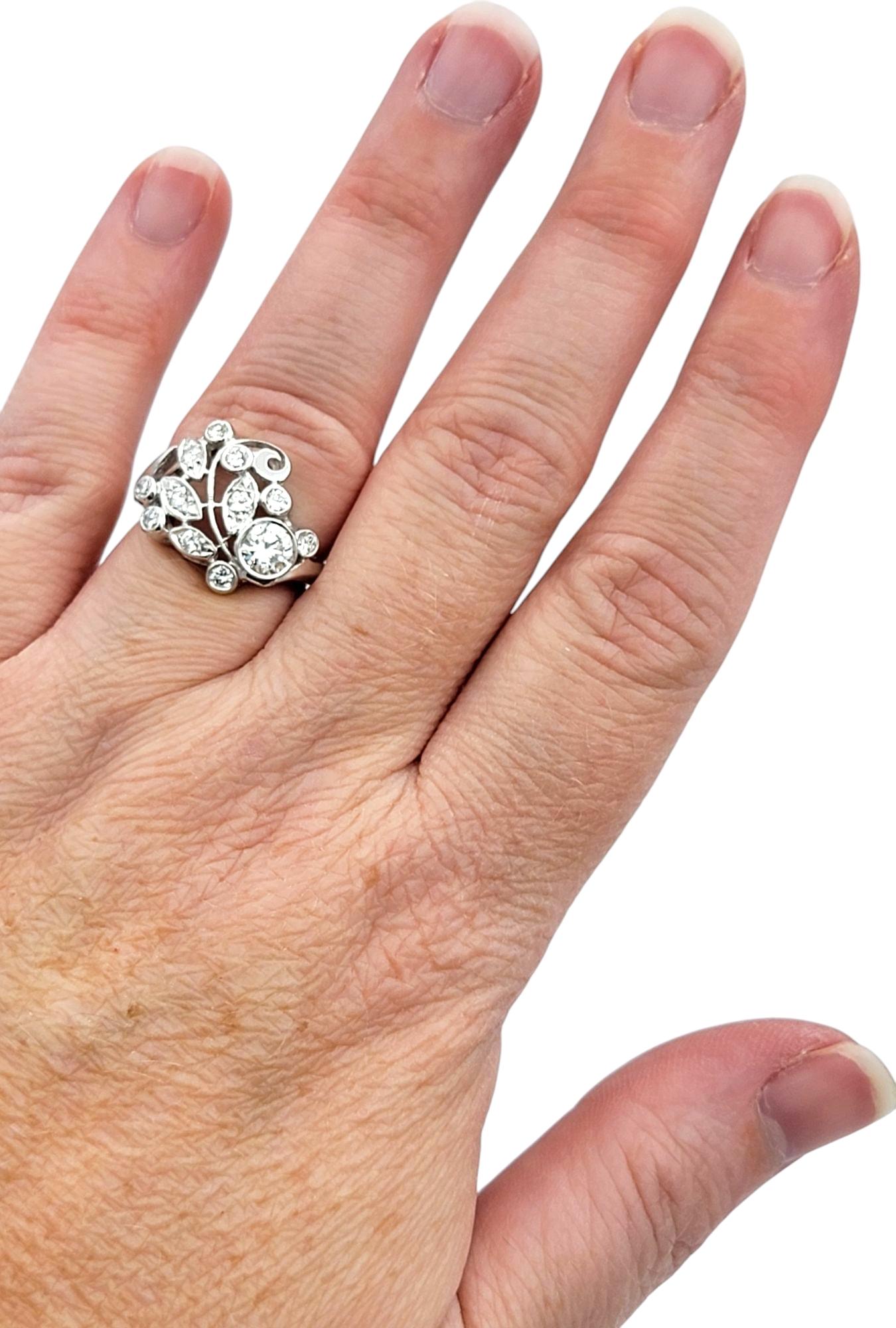 Round Diamond Open Swirl Motif Cocktail Ring with Milgrain 14 Karat White Gold For Sale 2