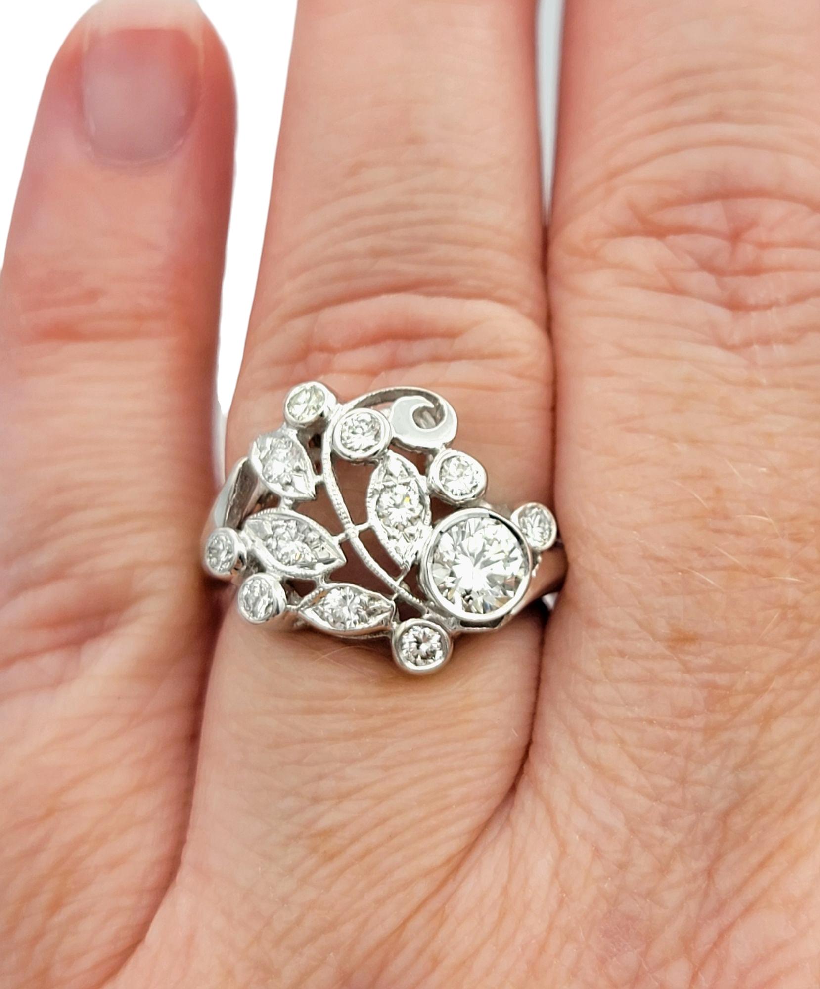 Round Diamond Open Swirl Motif Cocktail Ring with Milgrain 14 Karat White Gold For Sale 3
