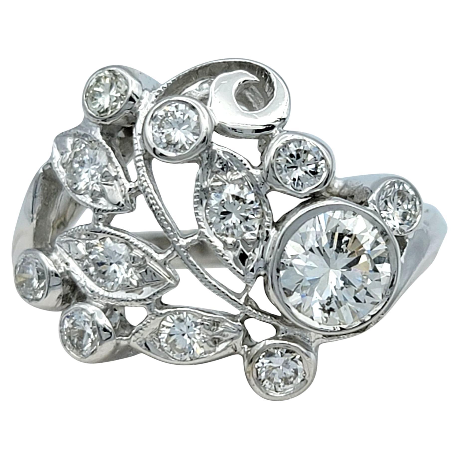 Round Diamond Open Swirl Motif Cocktail Ring with Milgrain 14 Karat White Gold For Sale