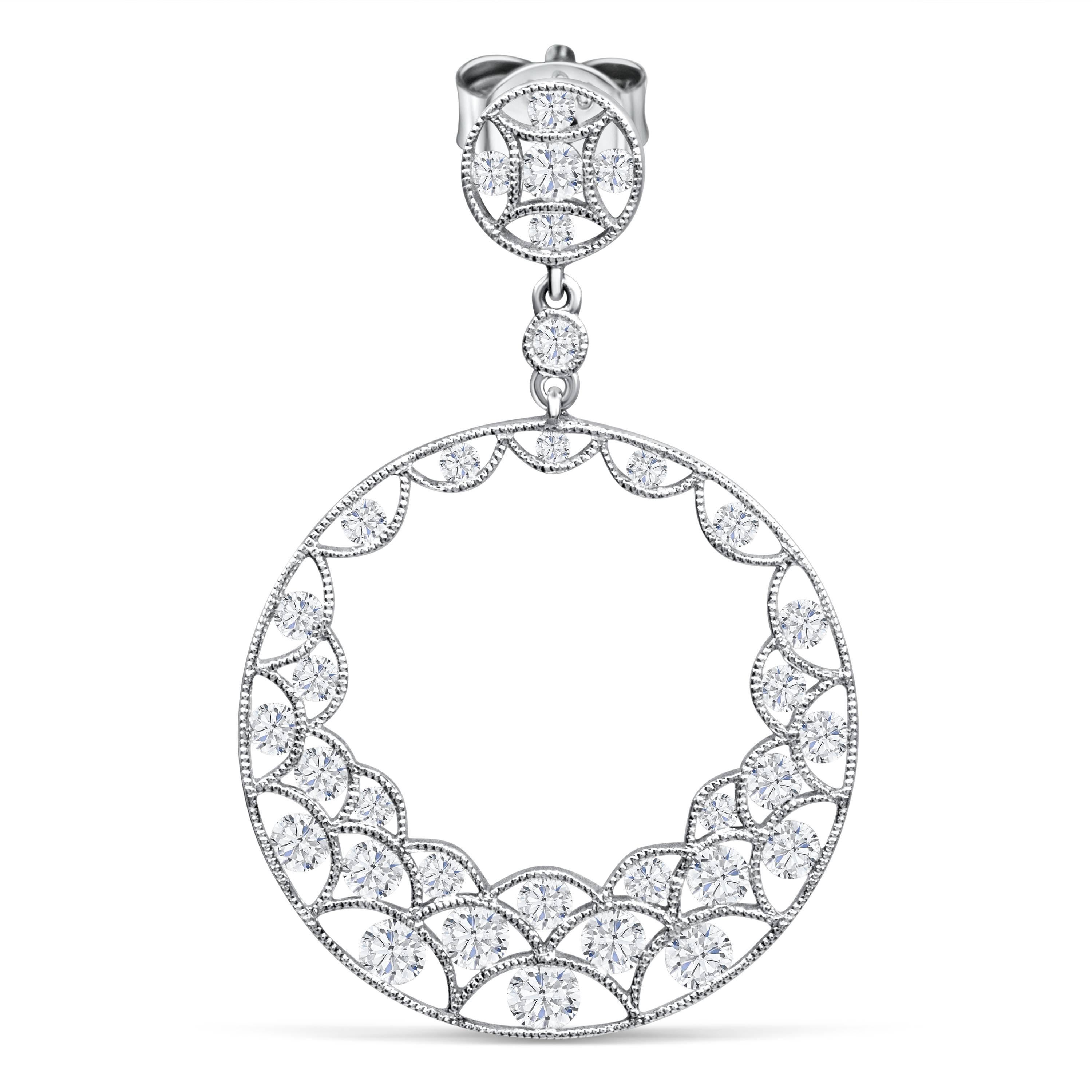 A chic and distinct dangle open-work design earrings showcasing 2.46 carats total of round brilliant diamonds, set with expertly crafted milgrain edges. Suspended on a creative diamond encrusted front post. Made in 18k white gold. 

Style available