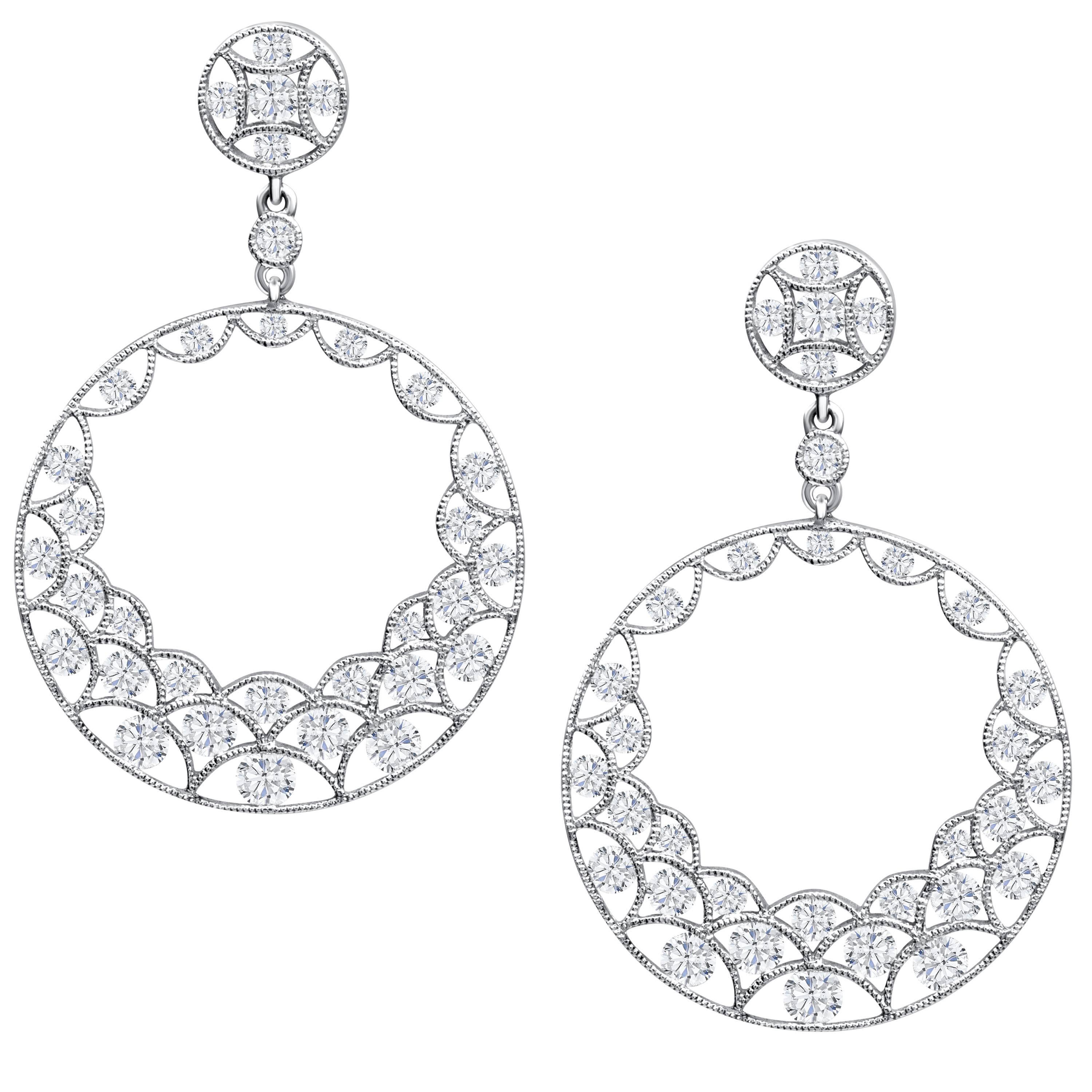 Roman Malakov 2.46 Carats Total Round Diamond Open-Work Circle Dangle Earrings For Sale