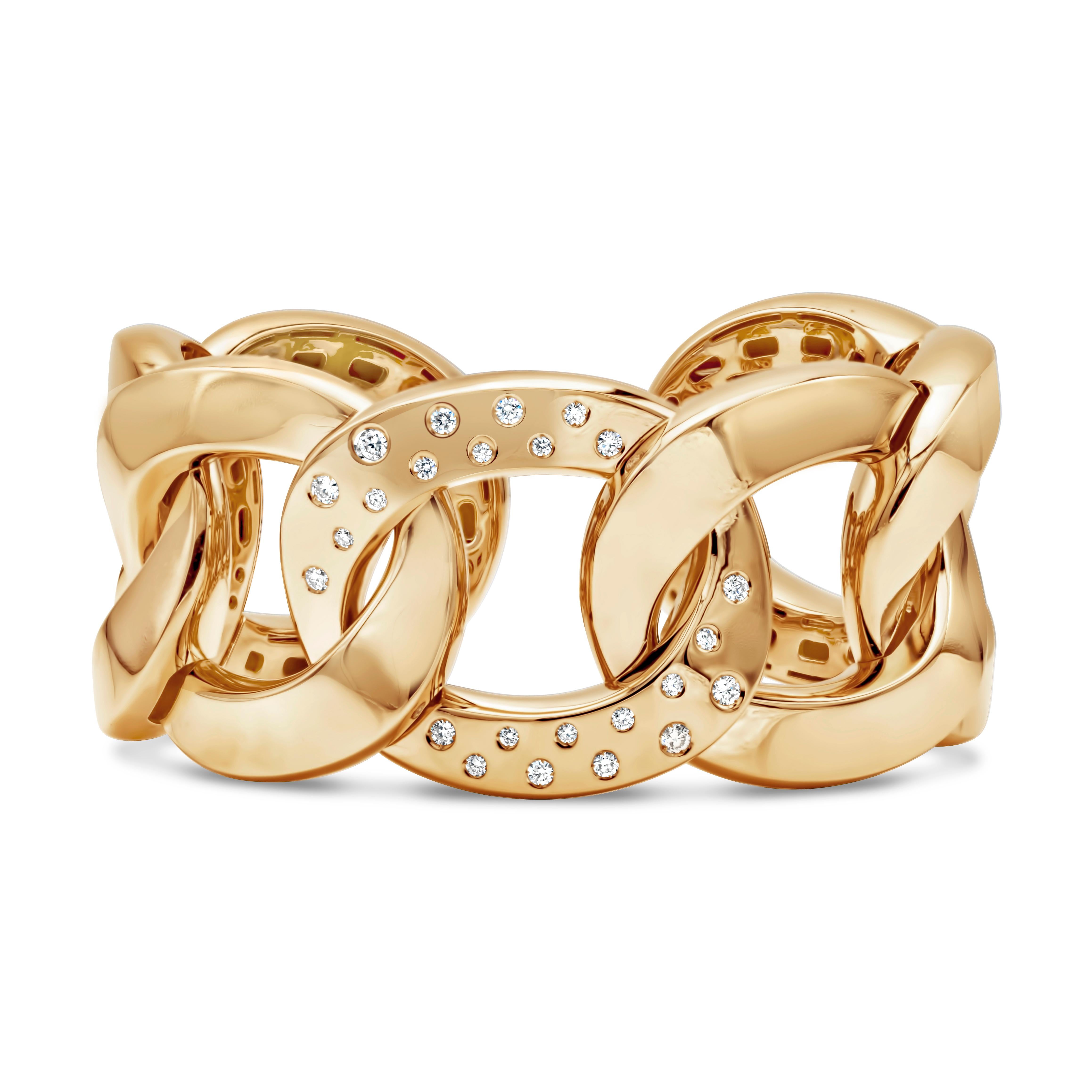 Showcasing an artistic and stunning bracelet accented with brilliant round diamond weighing 0.41 carats total, F color and Vs in clarity, set in a beautiful open-work yellow gold large bangle design and Perfectly made in 18k yellow gold. 28.40 mm