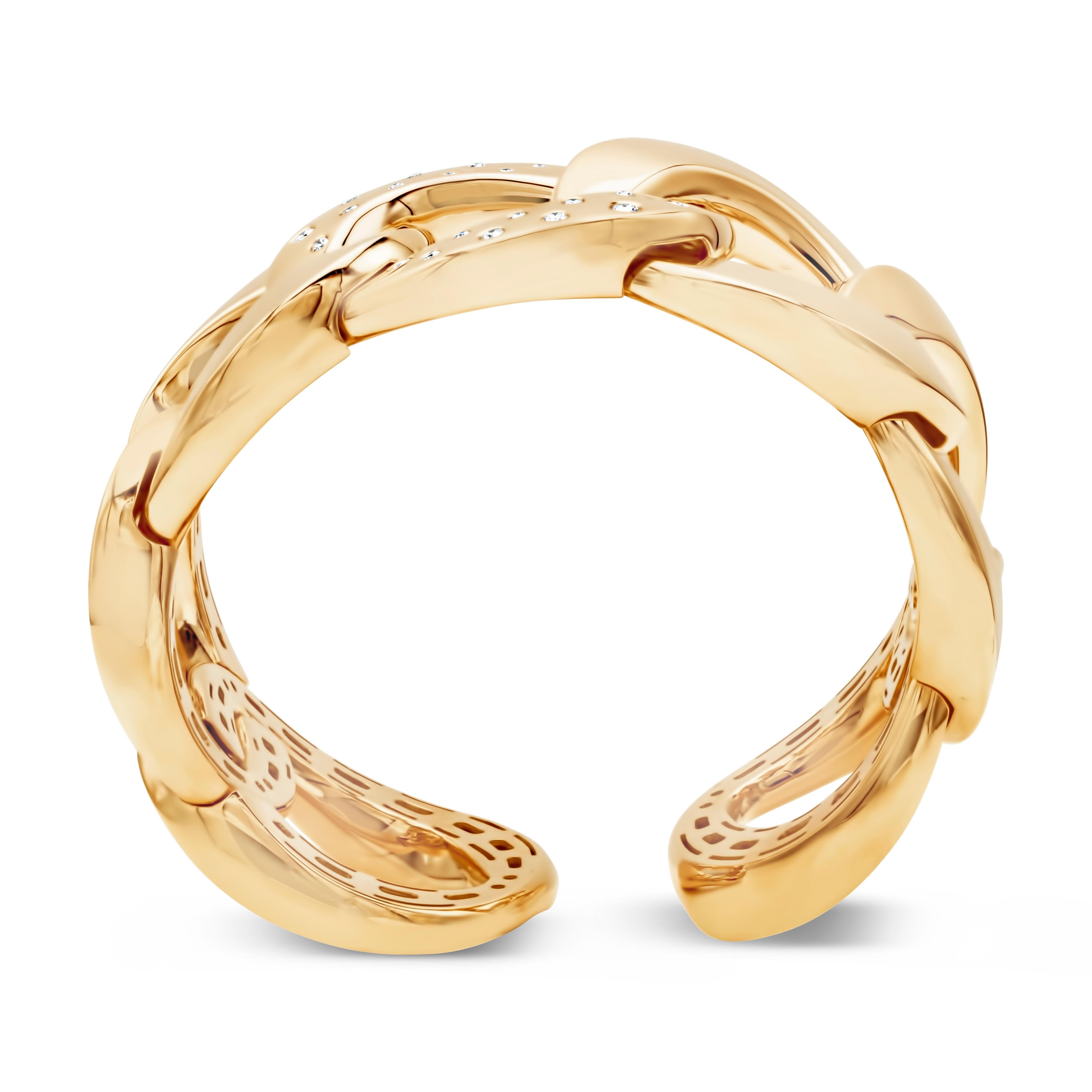 Round Cut Round Diamond Open-Work Yellow Gold Large Bangle Bracelet
