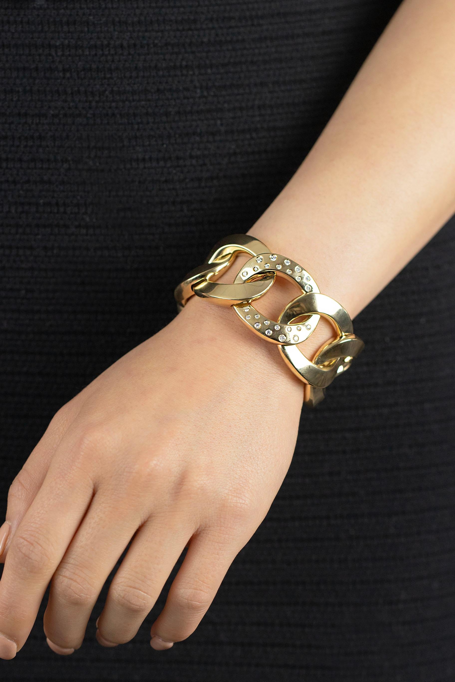 Round Diamond Open-Work Yellow Gold Large Bangle Bracelet 1