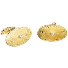 Round Diamond Oval Engraved Yellow White Gold Cufflinks