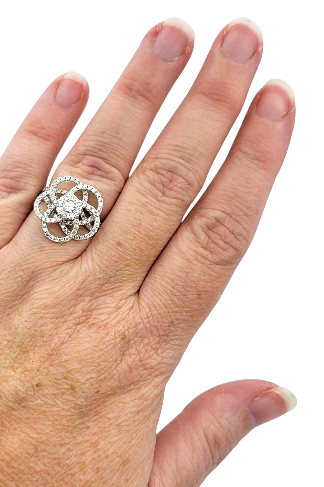 Round Diamond Pavé Flower Motif Cocktail Ring in Polished 14 Karat White Gold For Sale 6