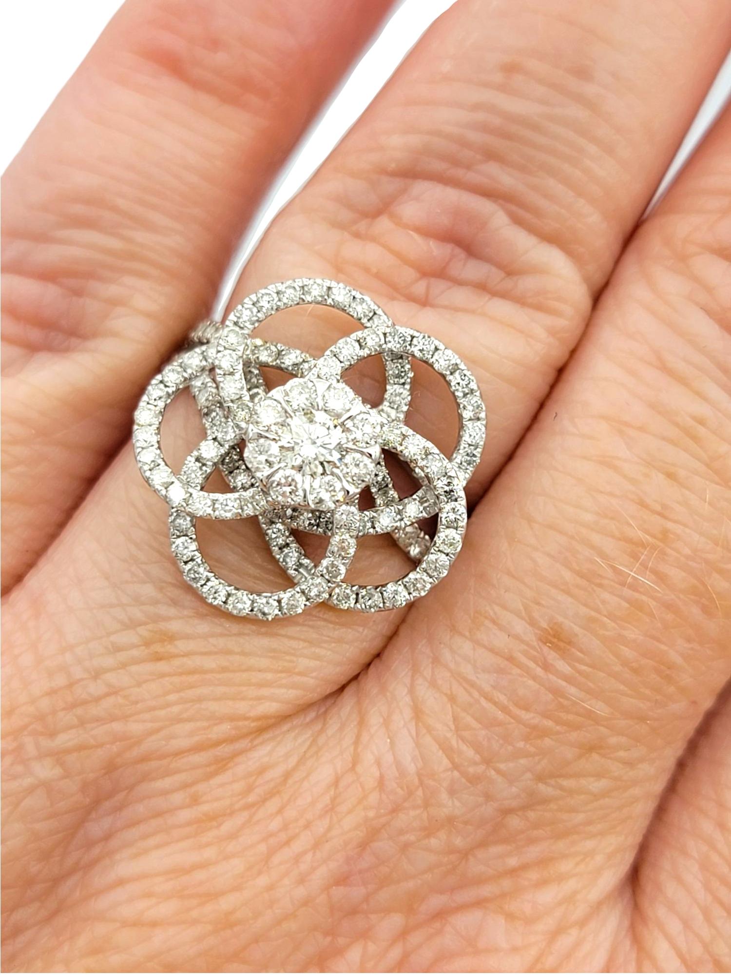 Round Diamond Pavé Flower Motif Cocktail Ring in Polished 14 Karat White Gold For Sale 7