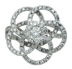 Round Diamond Pavé Flower Motif Cocktail Ring in Polished 14 Karat White Gold