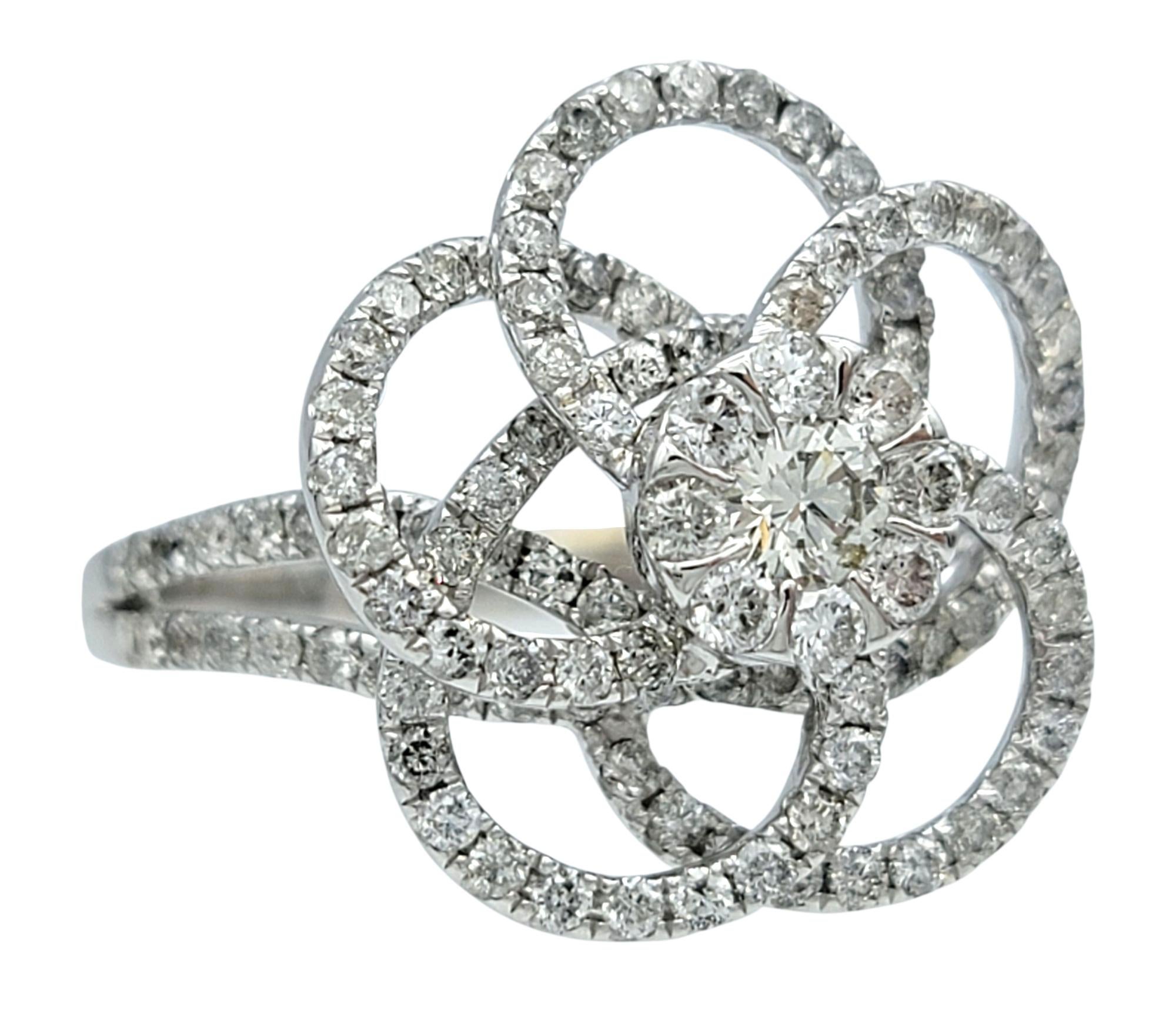 Contemporary Round Diamond Pavé Flower Motif Cocktail Ring in Polished 14 Karat White Gold For Sale