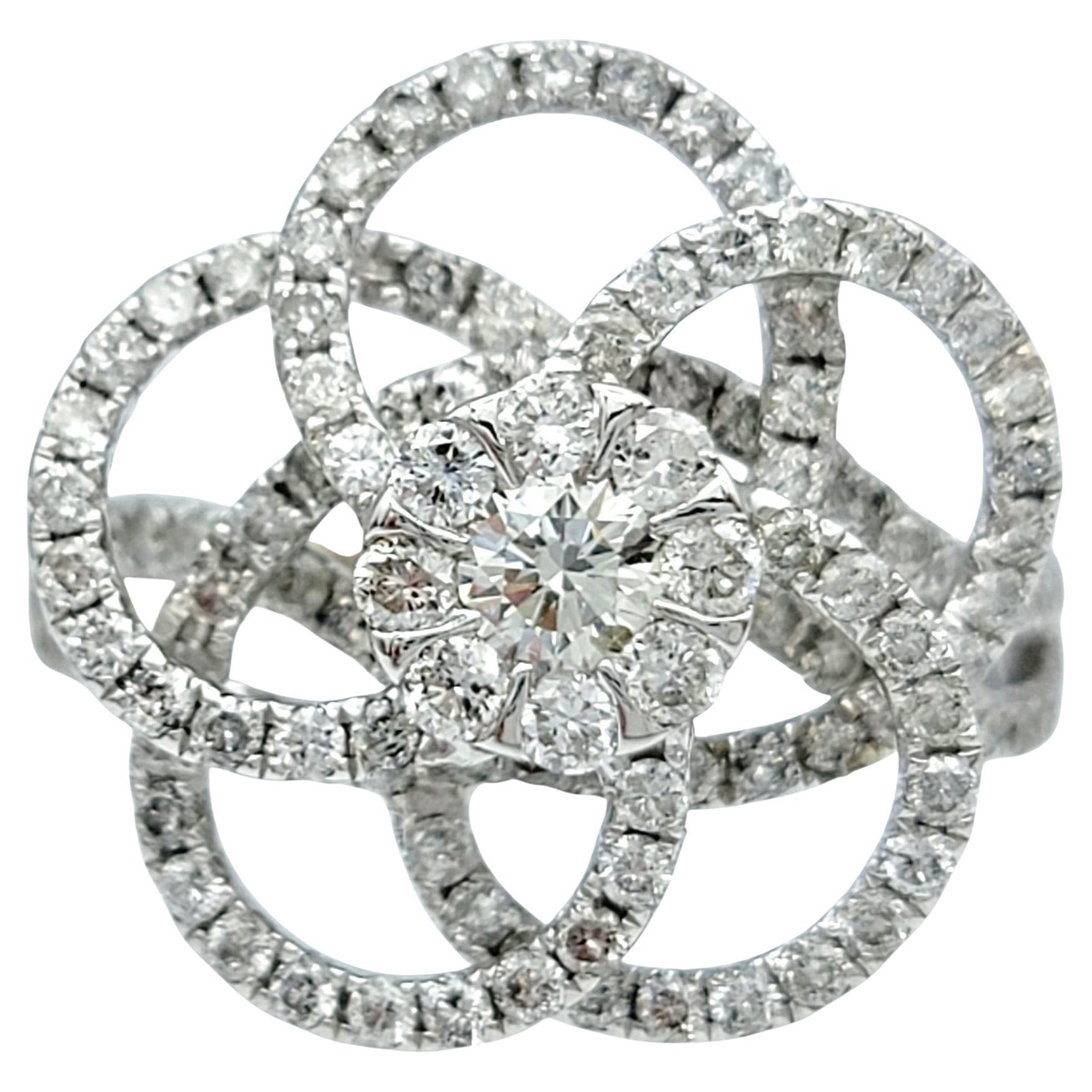 Round Diamond Pavé Flower Motif Cocktail Ring in Polished 14 Karat White Gold For Sale