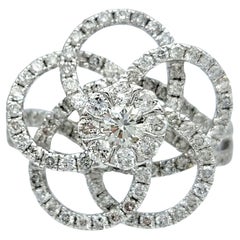 Round Diamond Pavé Flower Motif Cocktail Ring in Polished 14 Karat White Gold