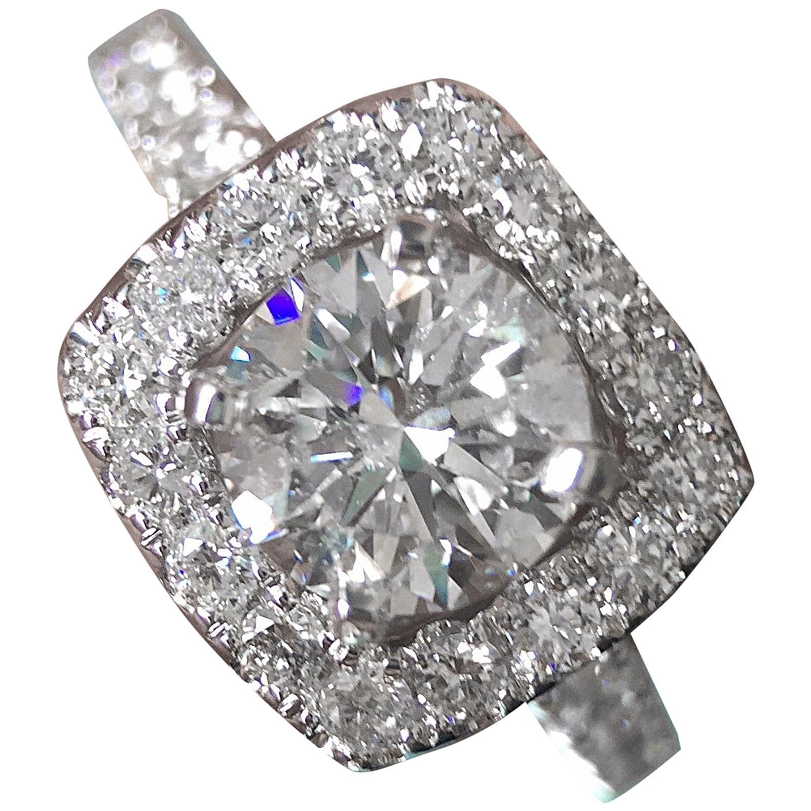 Round Diamond Pave Halo Engagement Ring White Gold, 1.35 Carat TW For Sale
