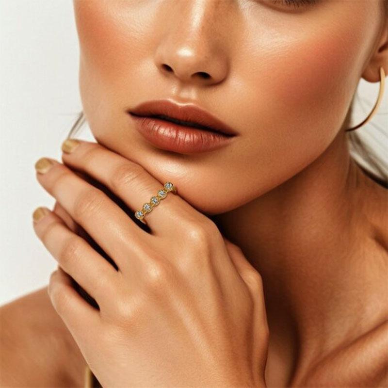 For Sale:  Round Diamond Pave Set 14K Gold Five Stone Beaded Ring 2