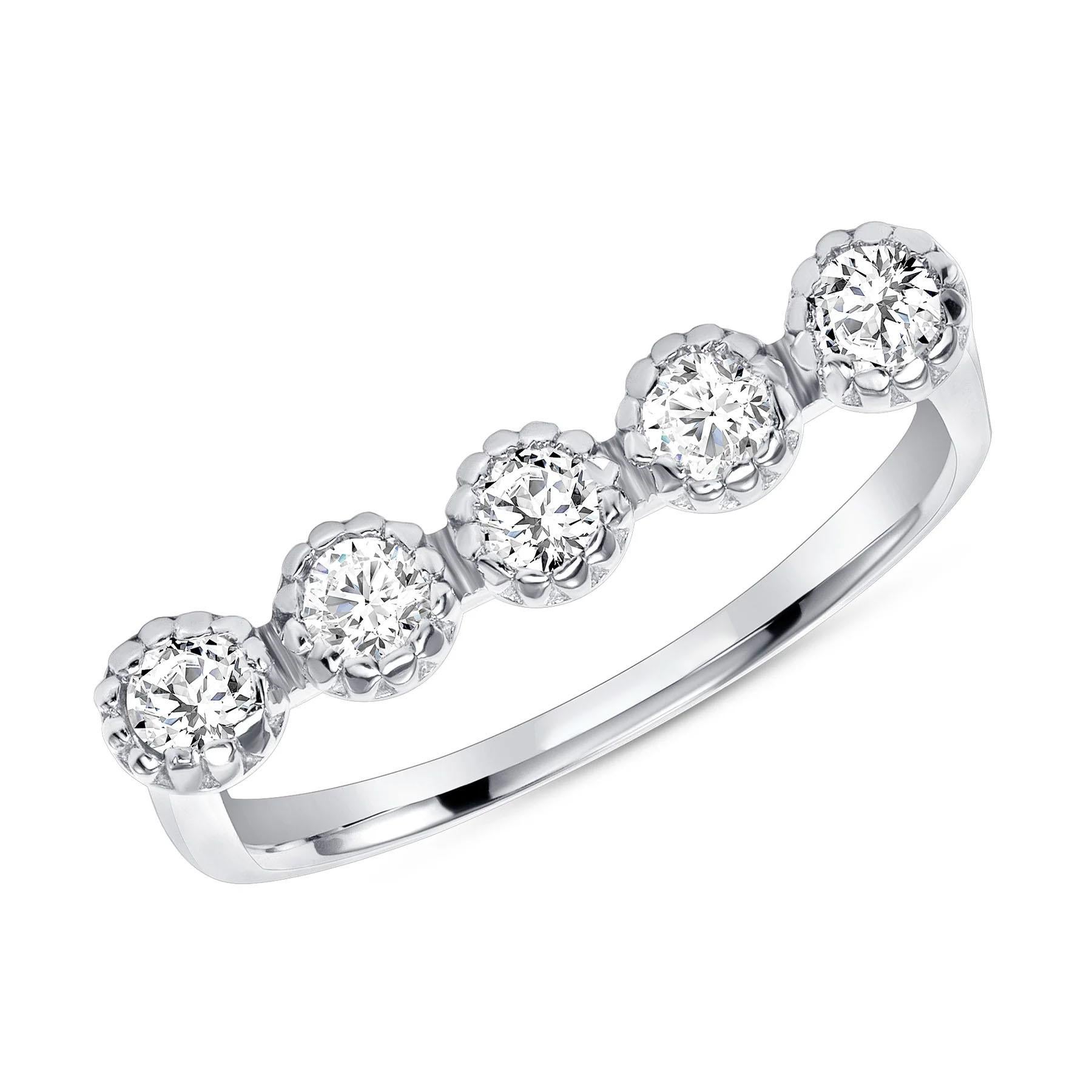 For Sale:  Round Diamond Pave Set Five Stone Beaded Ring 4