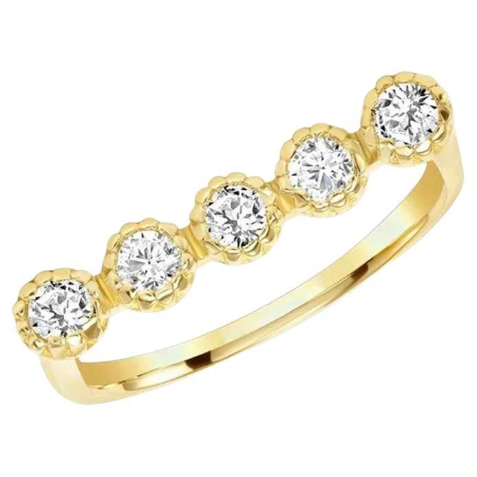 Round Diamond Pave Set 14K Gold Five Stone Beaded Ring