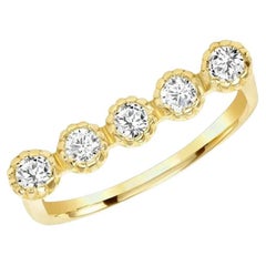 Round Diamond Pave Set 14K Gold Five Stone Beaded Ring