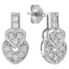Round Diamond Pave Set Heart Shape Stud 14K White Gold Art Deco Style Earrings