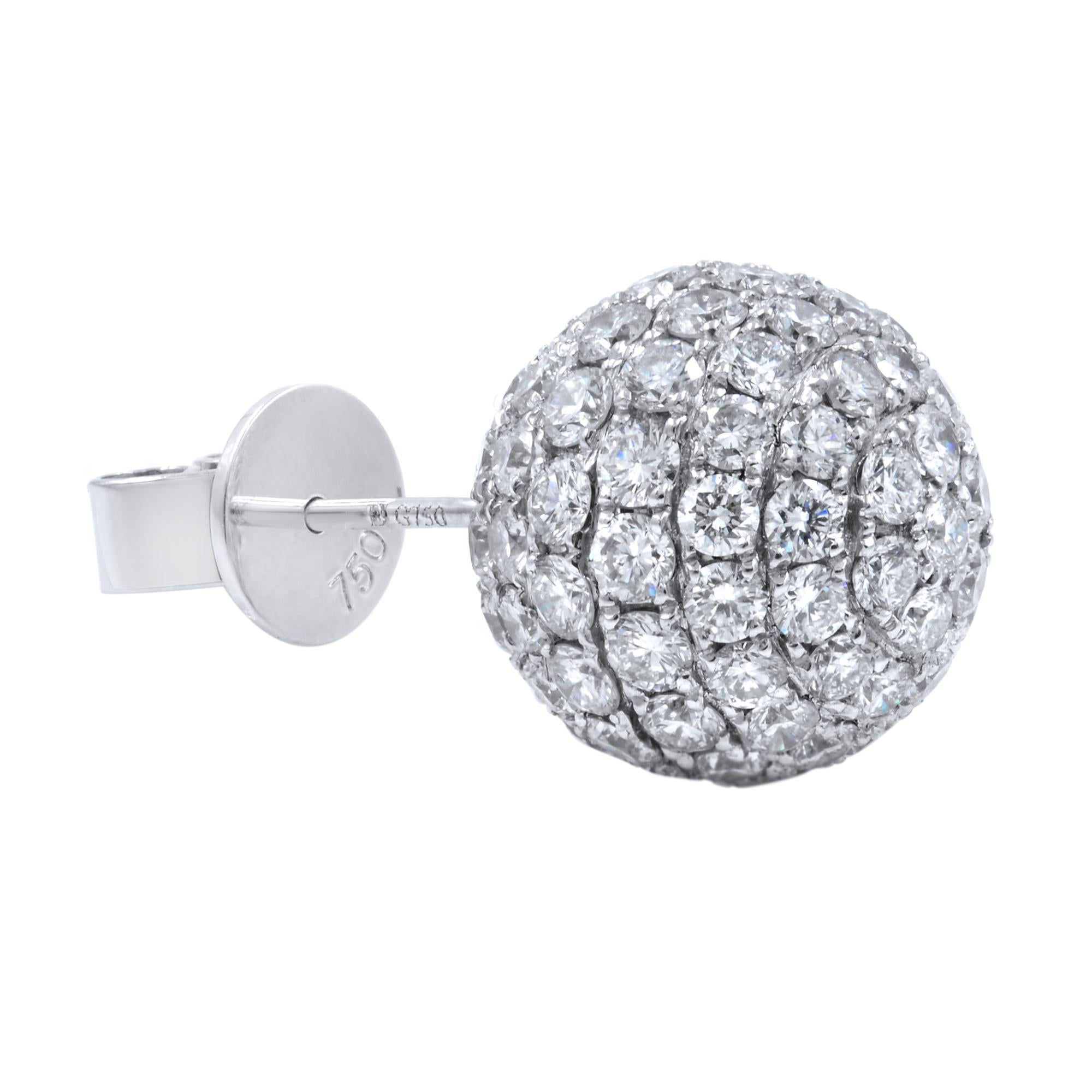 Modern Round Diamond Pave Stud Ball Earrings 6.62 Carat in 18 Karat White Gold