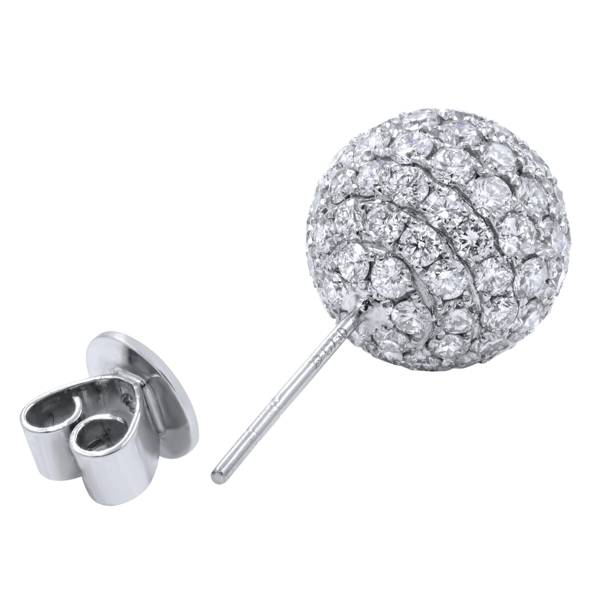 Round Diamond Pave Stud Ball Earrings 6.62 Carat in 18 Karat White Gold In Excellent Condition In New York, NY
