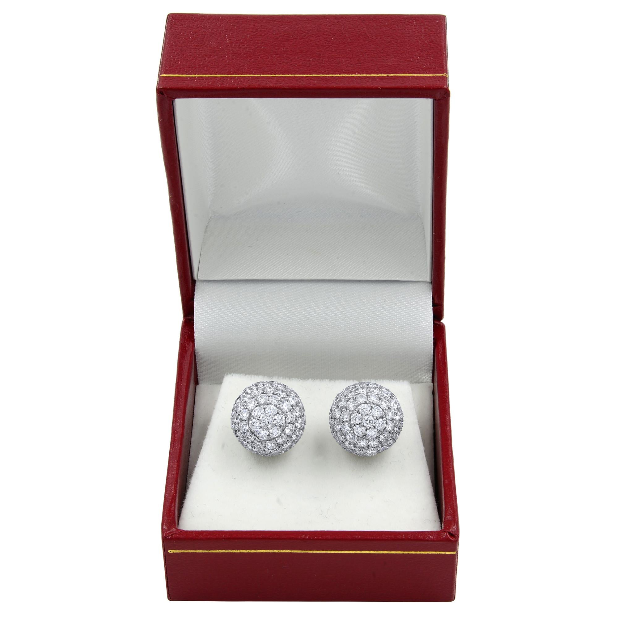 Women's Round Diamond Pave Stud Ball Earrings 6.62 Carat in 18 Karat White Gold