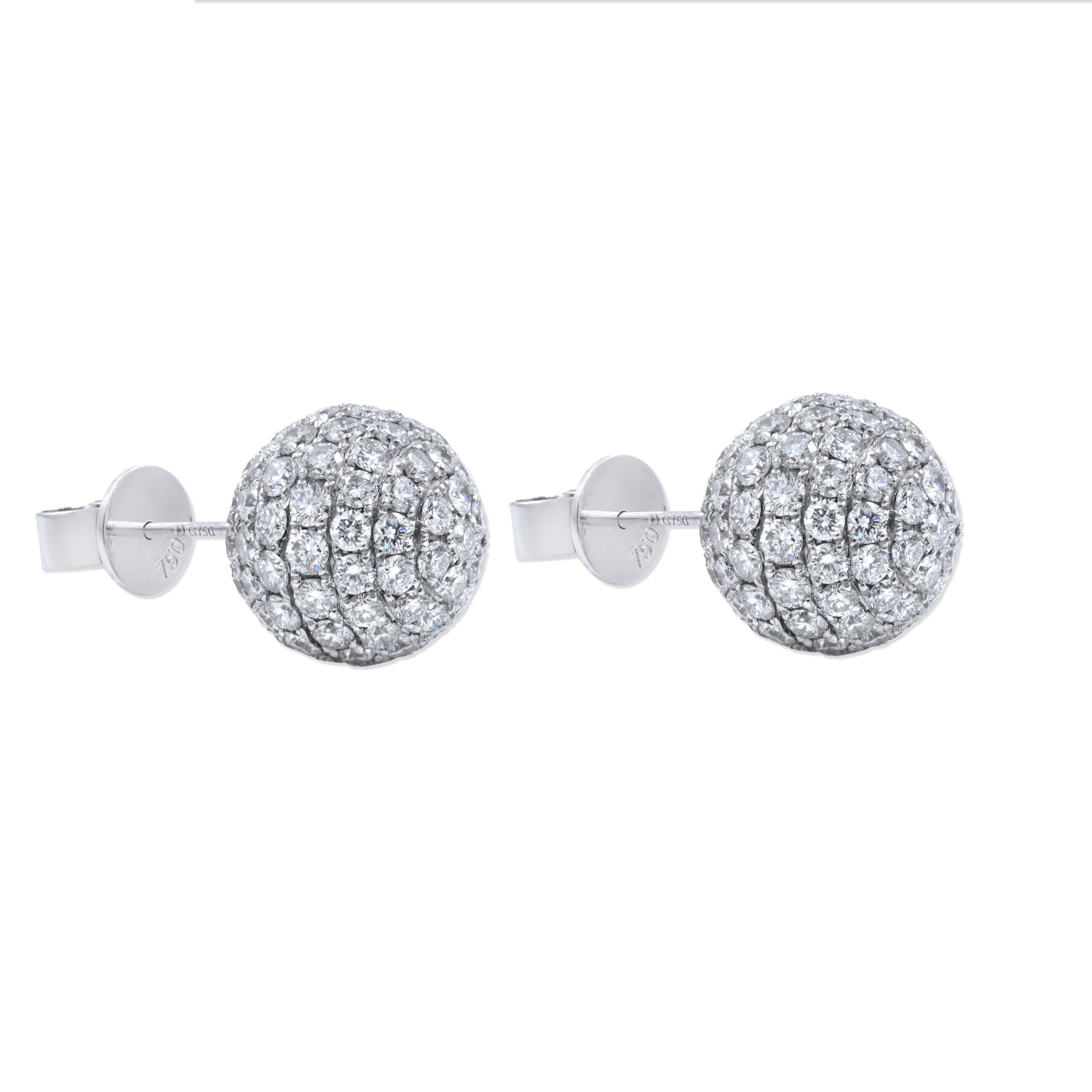 Round Diamond Pave Stud Ball Earrings 6.62 Carat in 18 Karat White Gold 2