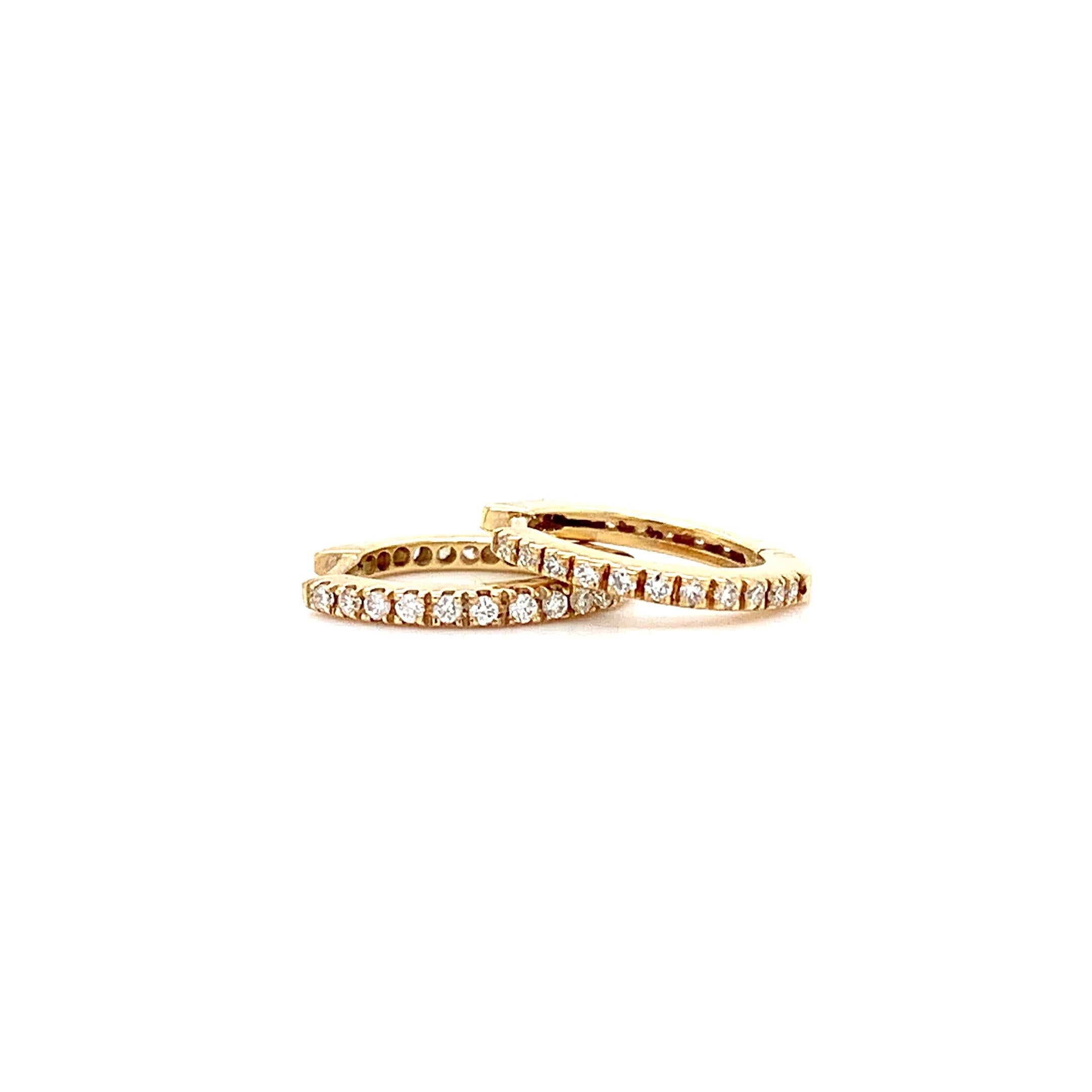 Round Cut Round diamond petite hoop earrings 18k yellow gold For Sale