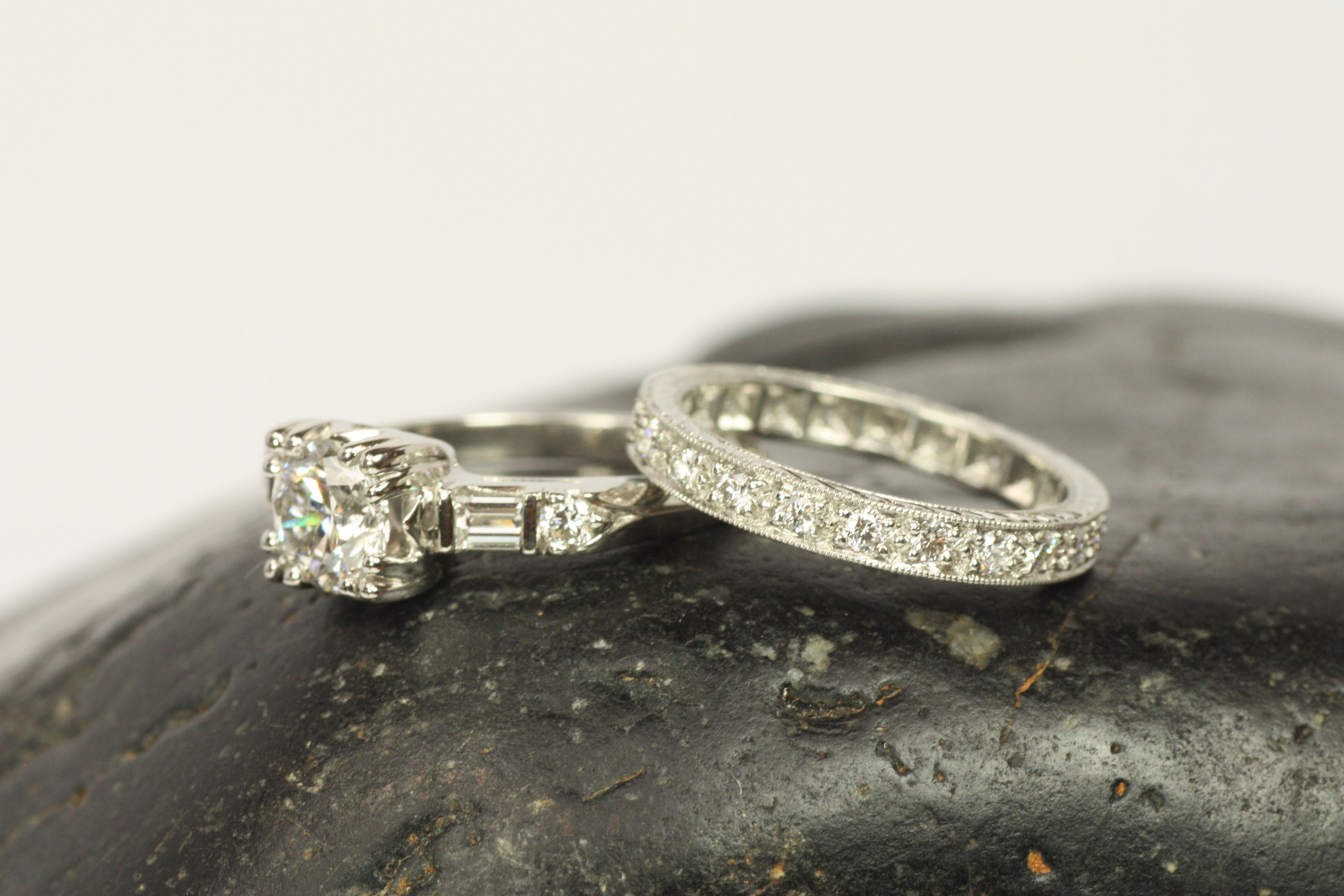 Modern Round Diamond Platinum Engraved Milgrain Eternity Wedding Band For Sale