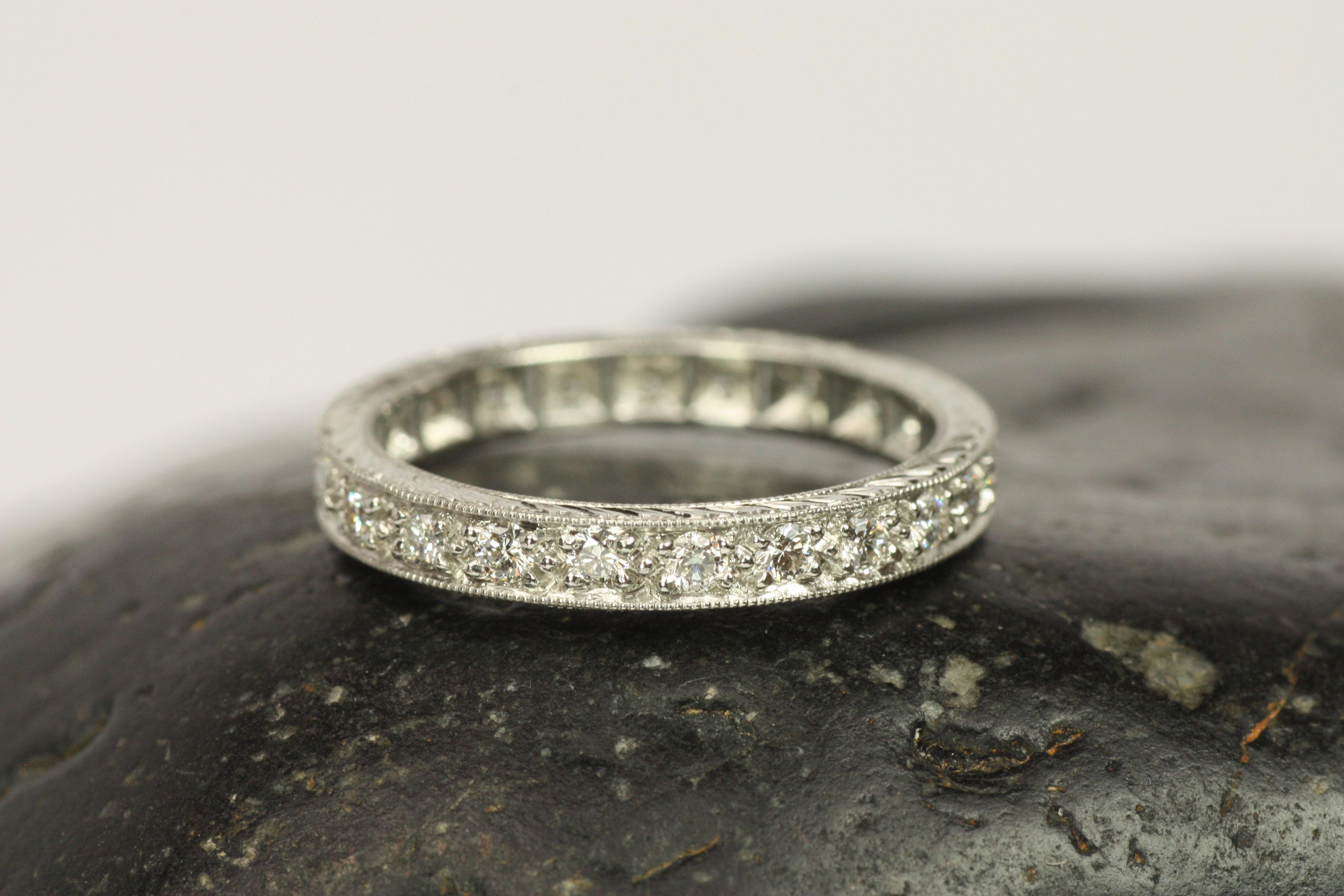 Round Cut Round Diamond Platinum Engraved Milgrain Eternity Wedding Band For Sale