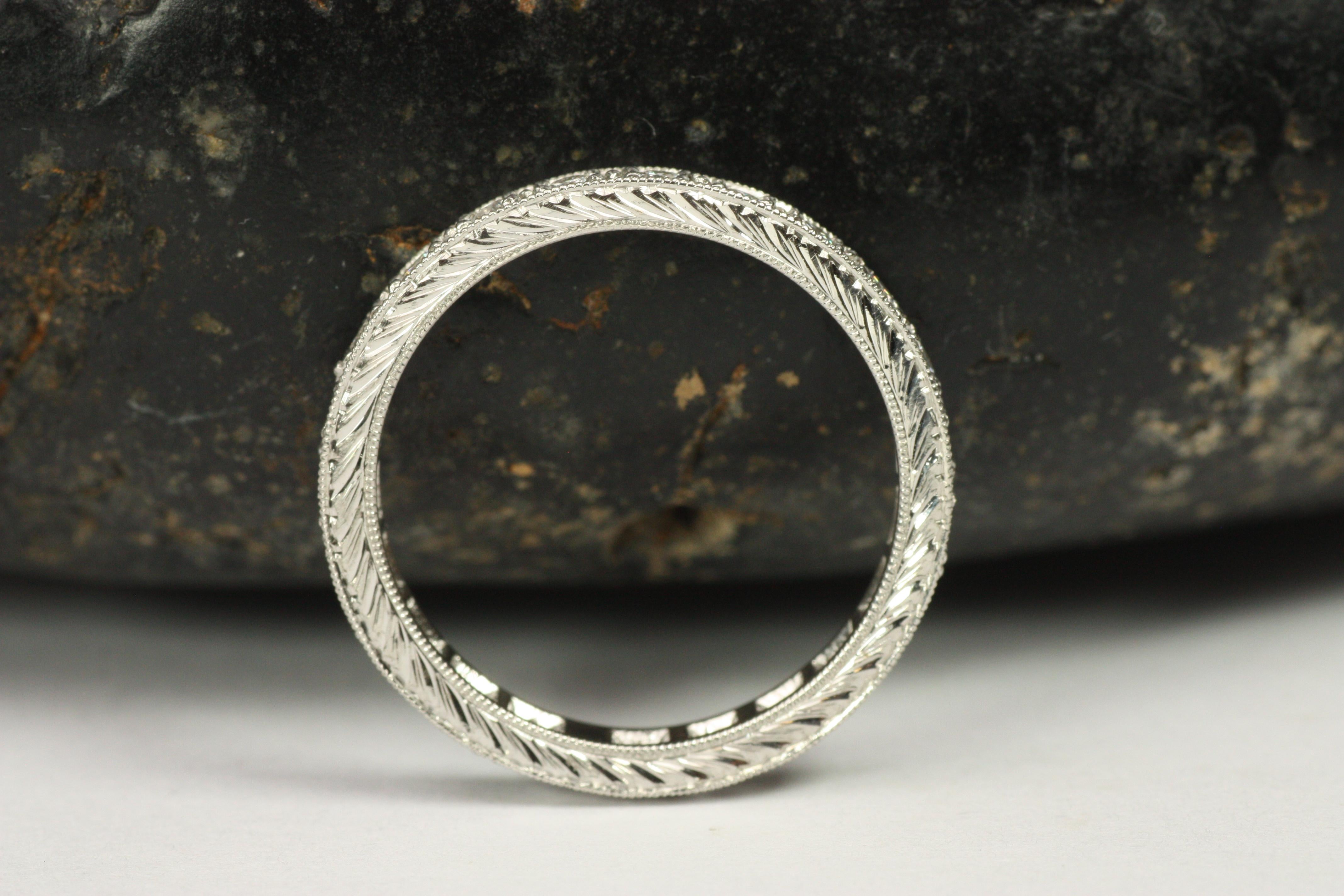 Round Diamond Platinum Engraved Milgrain Eternity Wedding Band In New Condition For Sale In Santa Monica, CA