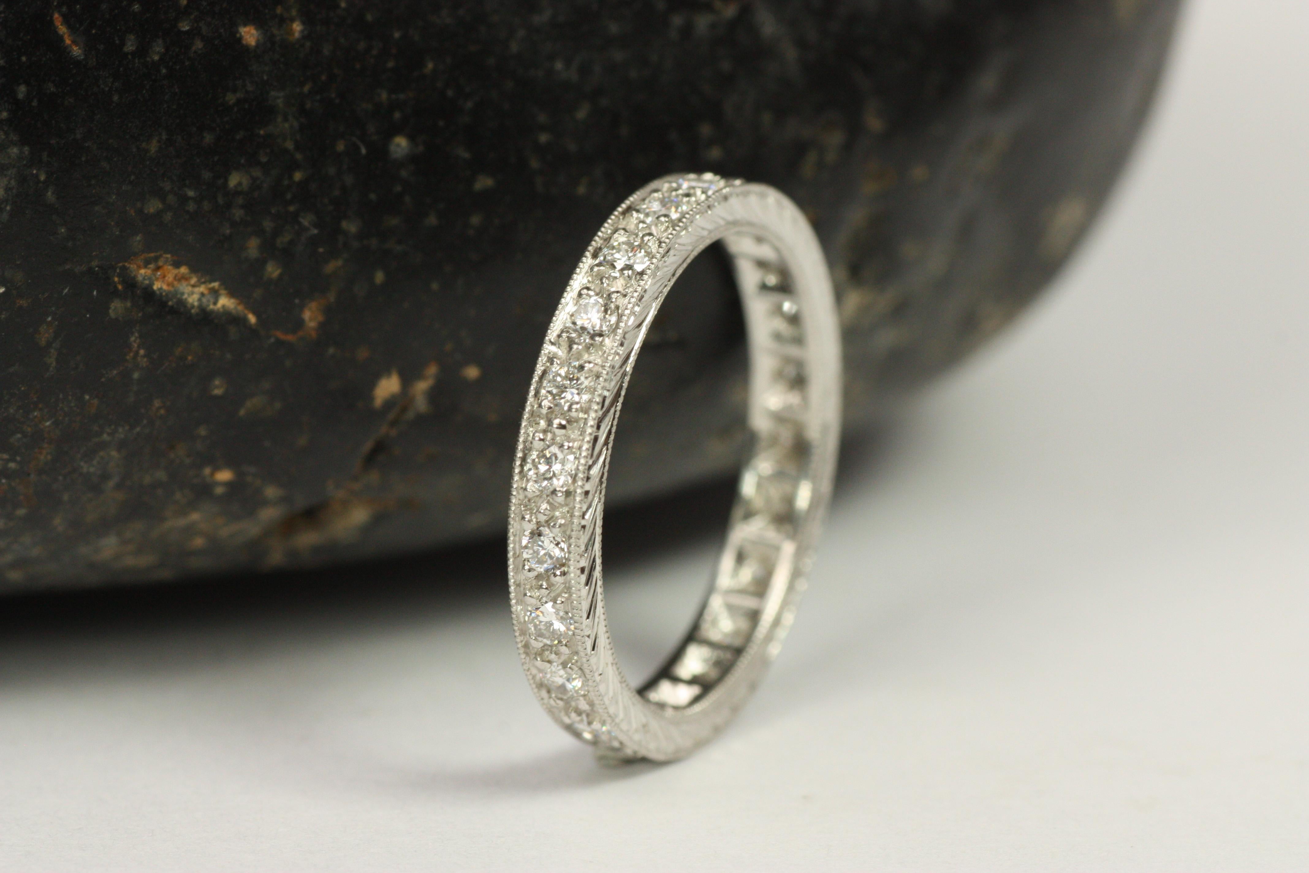Women's Round Diamond Platinum Engraved Milgrain Eternity Wedding Band For Sale