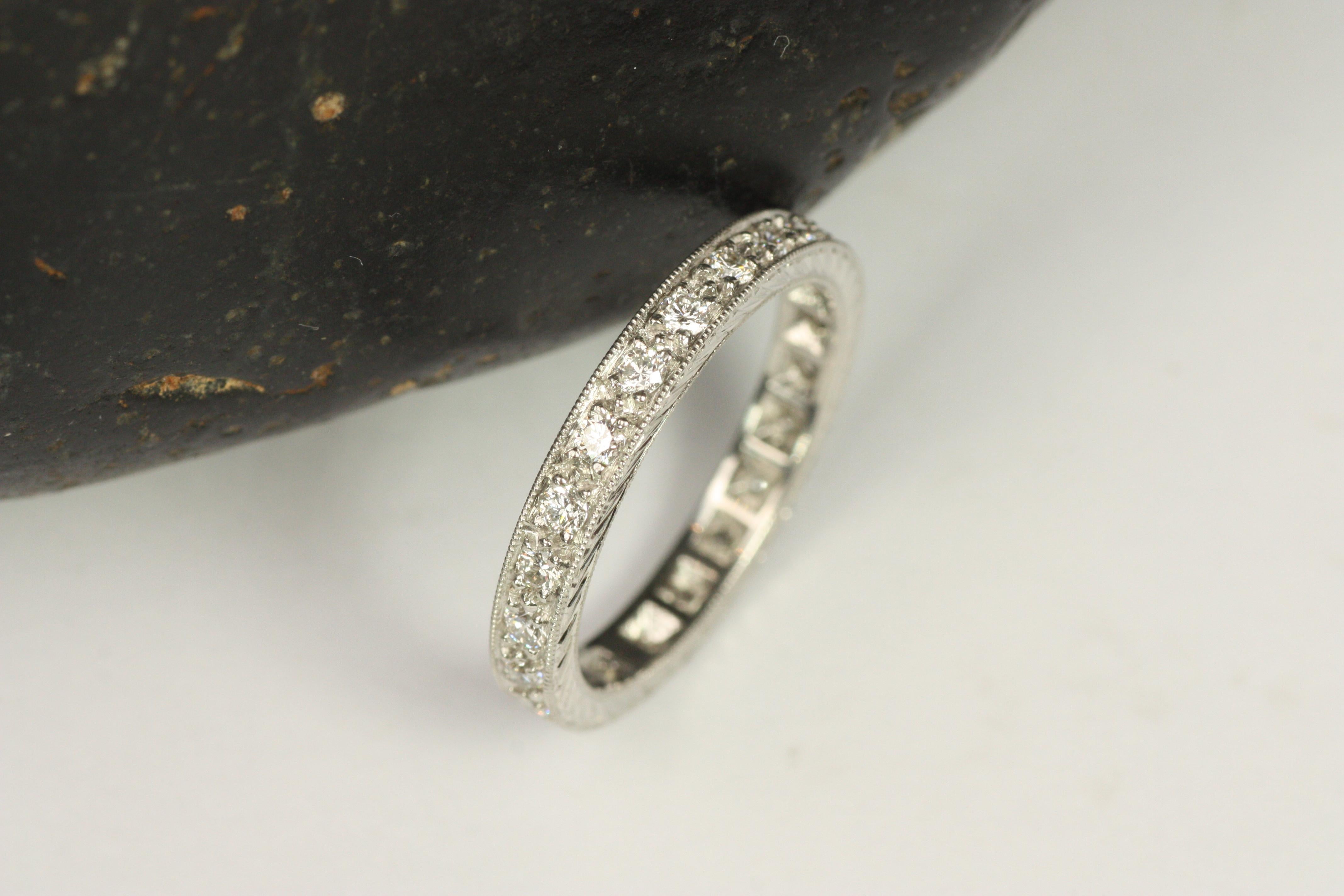 Round Diamond Platinum Engraved Milgrain Eternity Wedding Band For Sale 1
