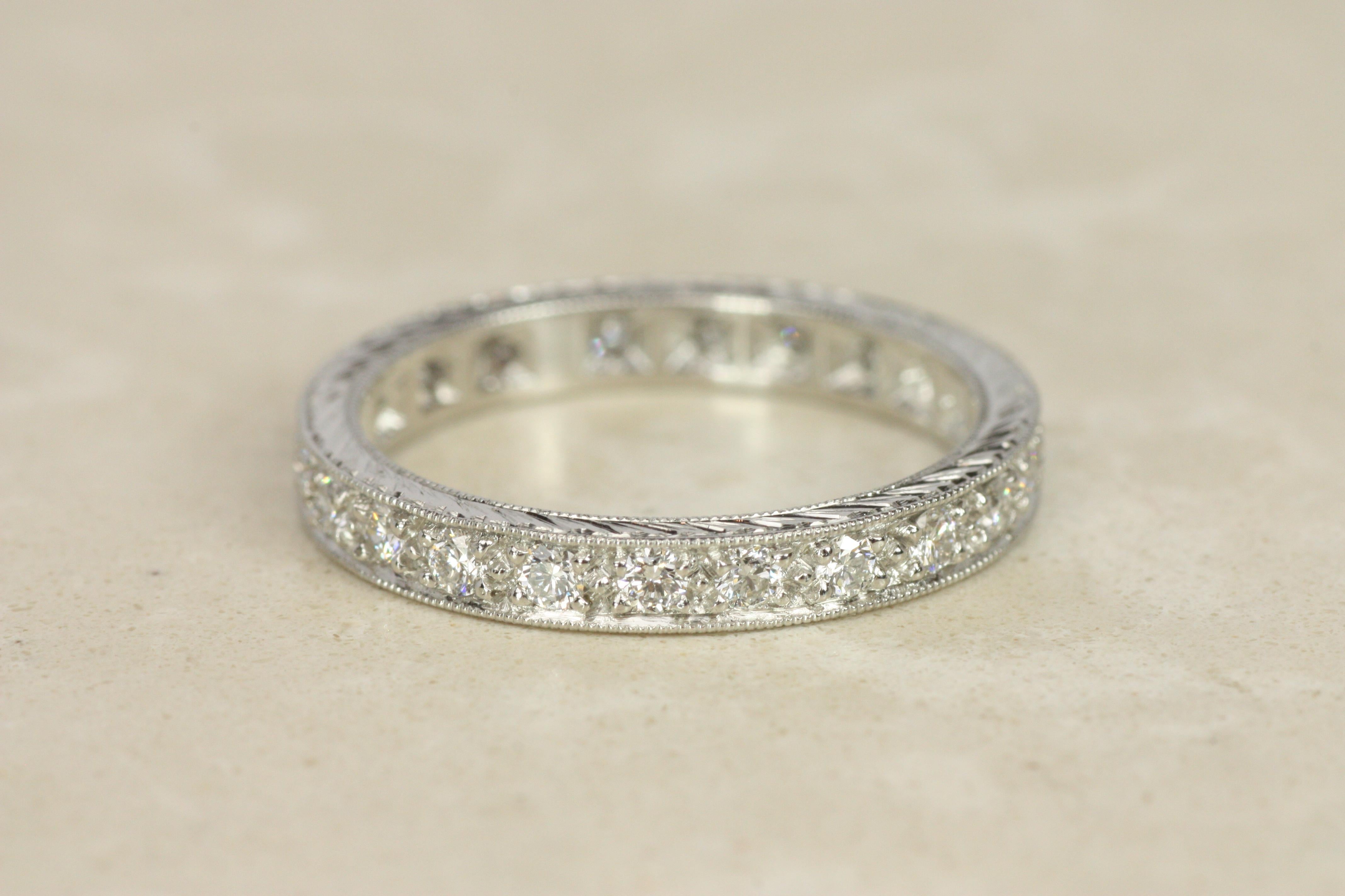 Round Diamond Platinum Engraved Milgrain Eternity Wedding Band For Sale 2
