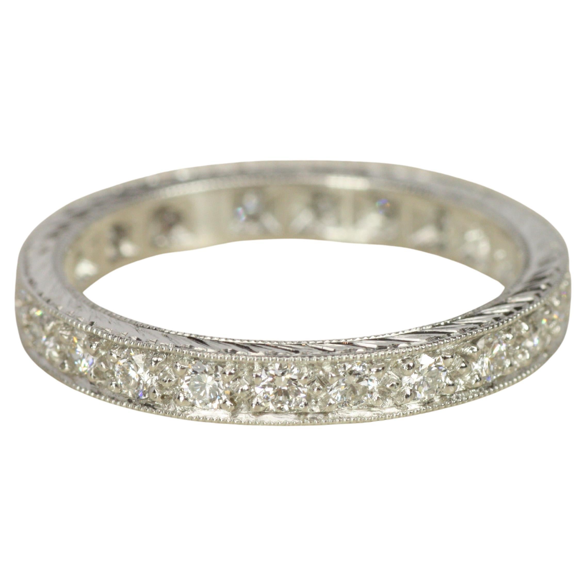 Round Diamond Platinum Engraved Milgrain Eternity Wedding Band