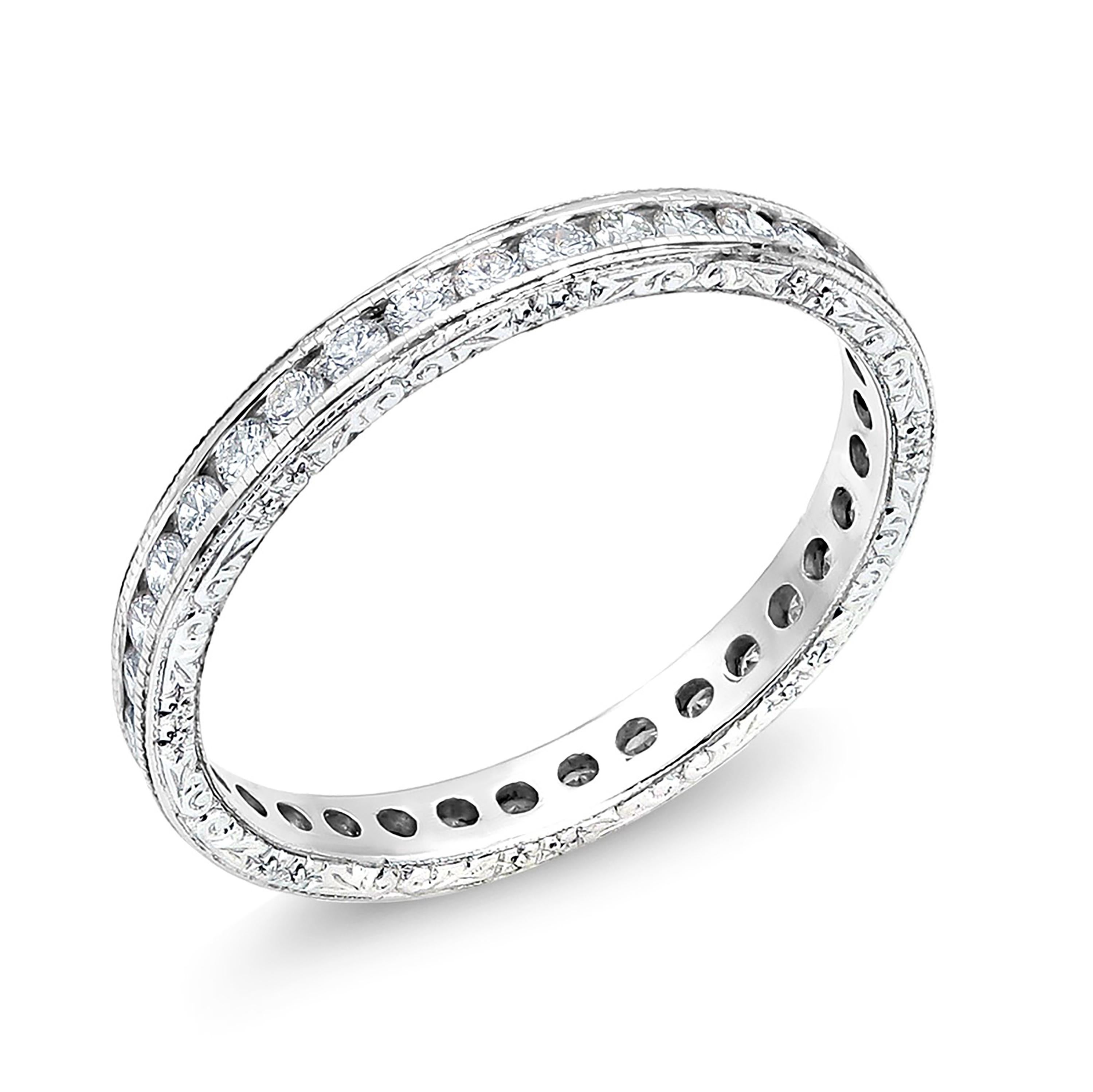 Round Diamond Platinum Eternity Band with Old Master Hand Engraving In New Condition In New York, NY