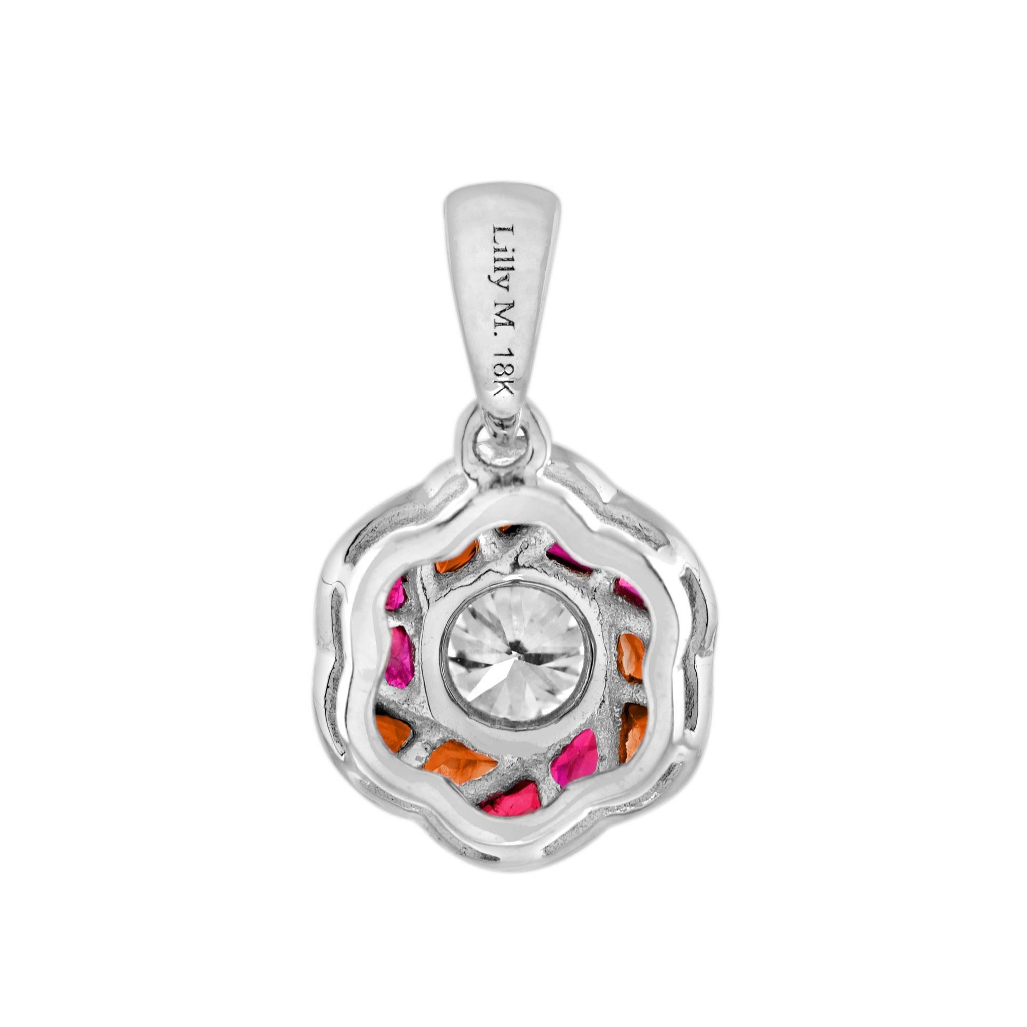 Brilliant Cut Round Diamond Red Pink Ruby Orange Sapphire Floral 18K White Gold Pendant For Sale
